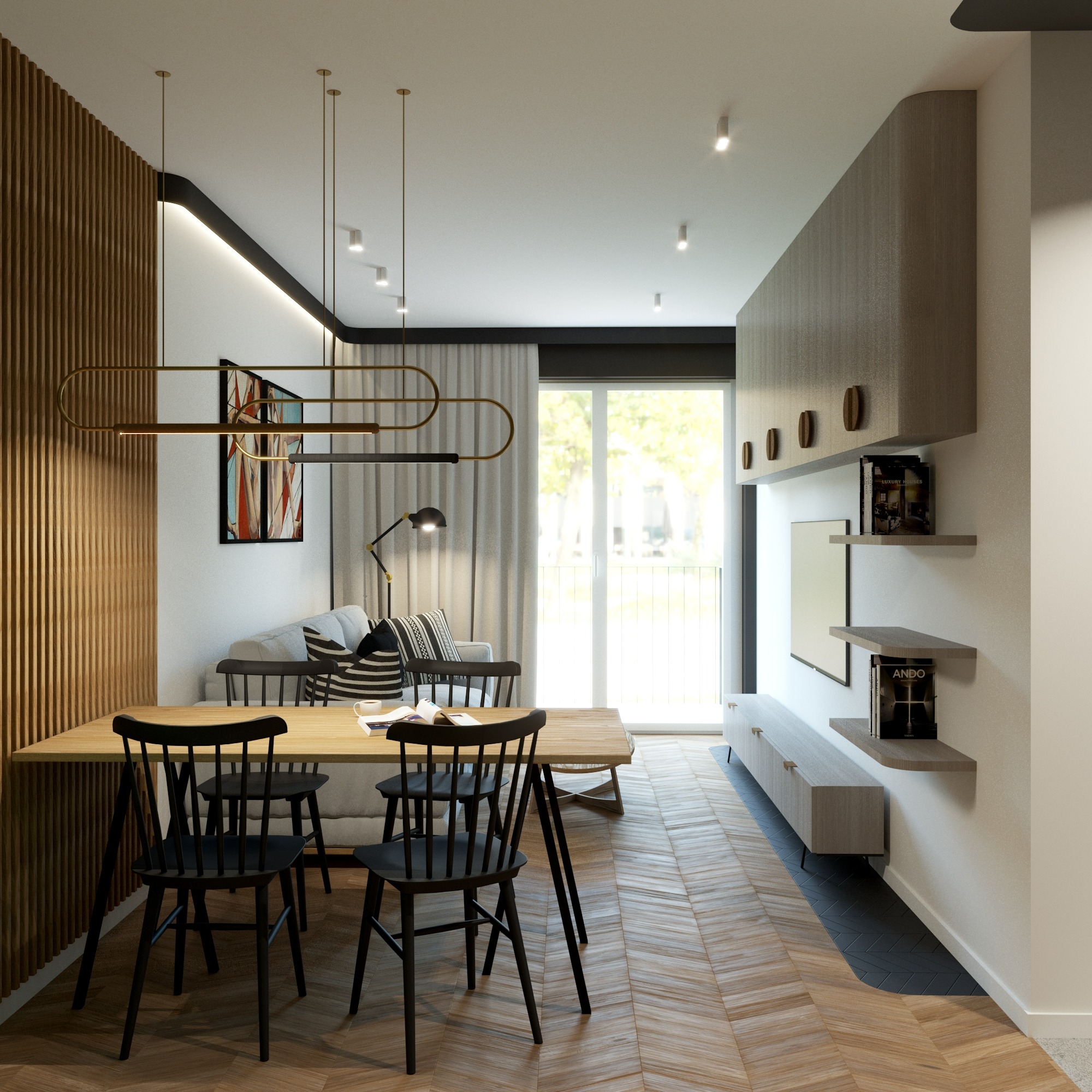 Wnętrze mieszkania z drewnianą ścianą, stołem i krzesłami. Widoczny salon z sofą i telewizorem. Parkiet ułożony w jodełkę. Nowoczesne oświetlenie.