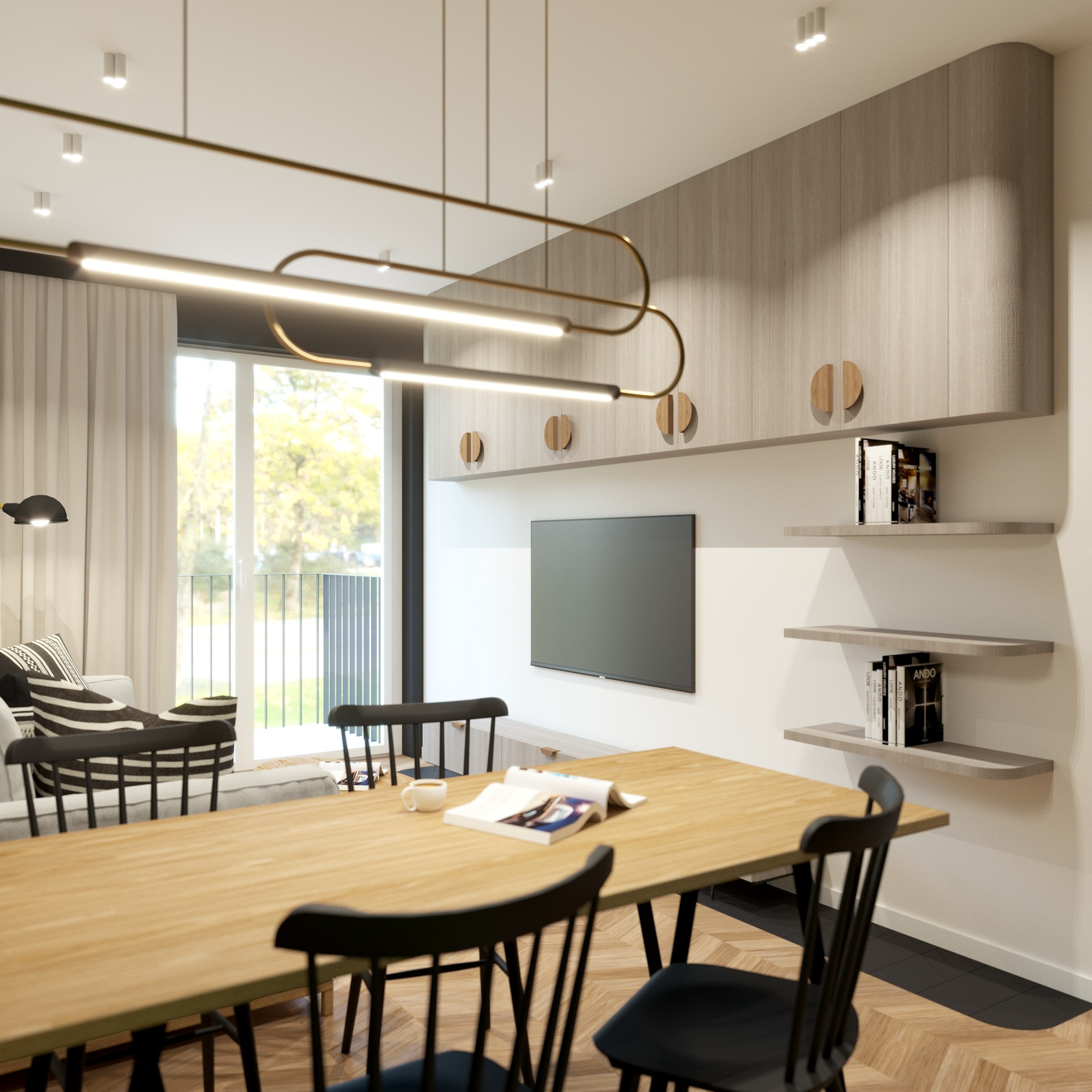 Nowoczesne wnętrze: stół z książką i kawą, czarne krzesła, minimalistyczna lampa, szafki z drewnianymi uchwytami, telewizor i półki z książkami. Parkiet w jodełkę.