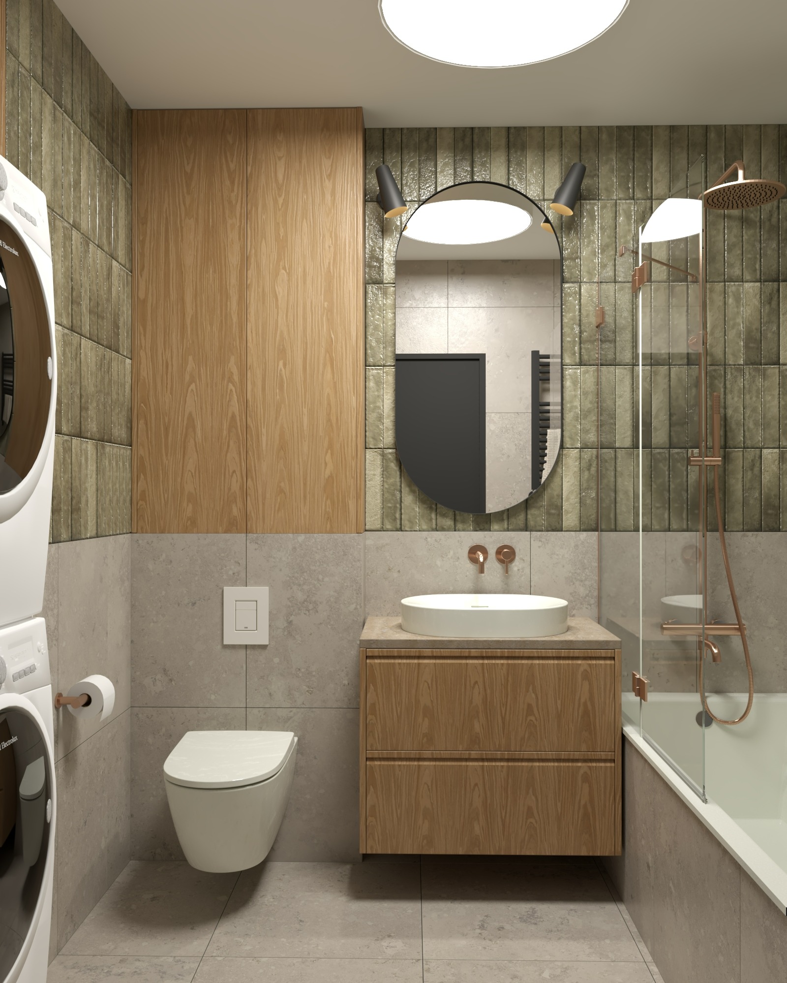 Nowoczesna łazienka z drewnianymi szafkami, owalnym lustrem z oświetleniem i wanną ze szklanym parawanem. Uwagę zwraca armatura w kolorze różowego złota.