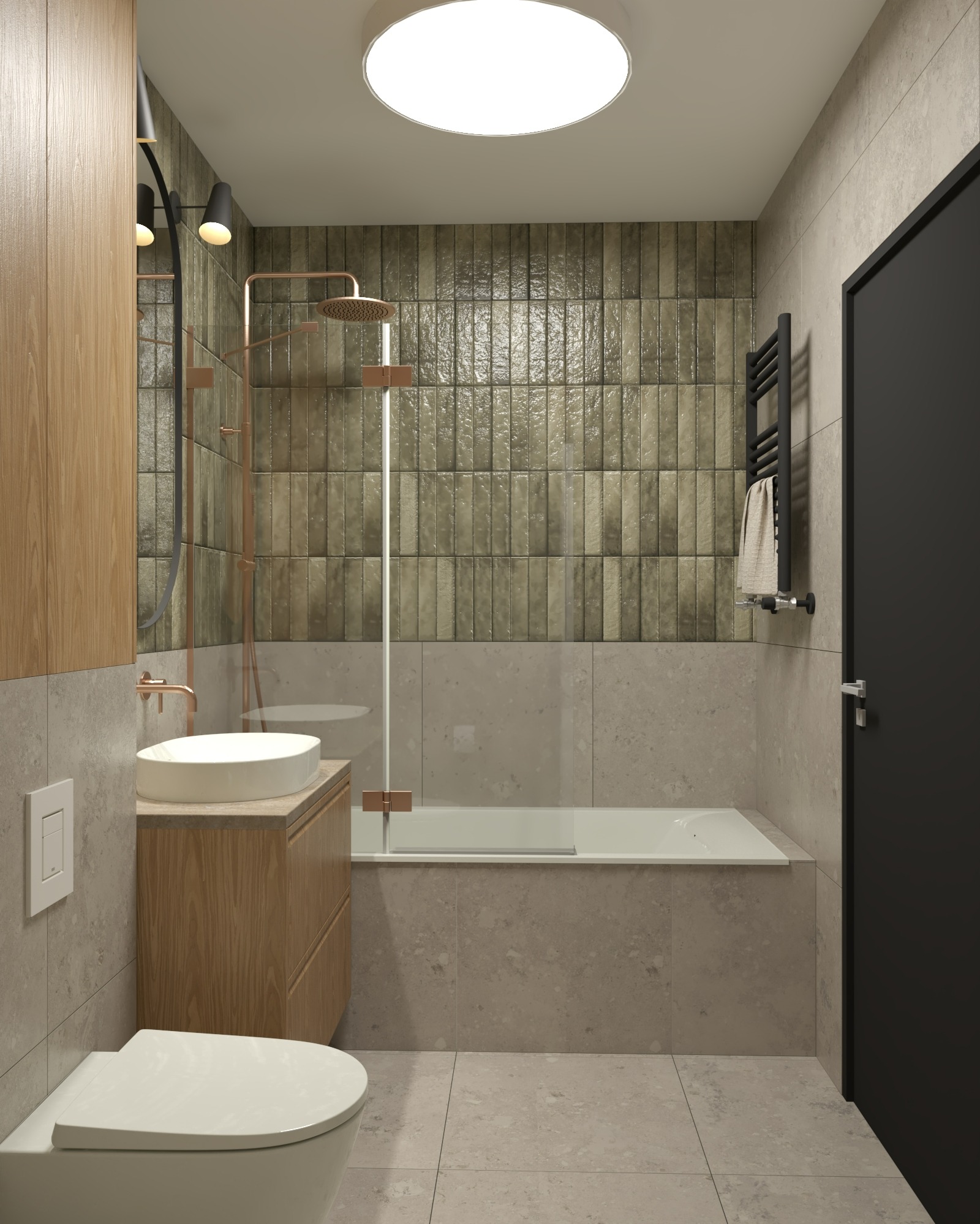 Nowoczesna łazienka z akcentami miedzi: deszczownica, umywalka nablatowa na drewnianej szafce, płytki w odcieniach szarości i beżu, minimalistyczny design.