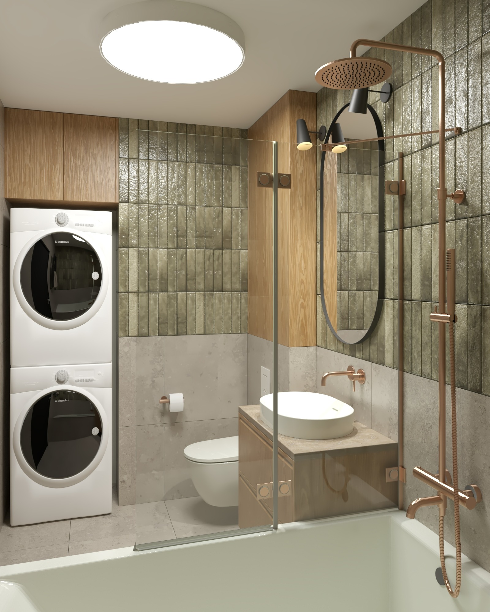 Wizualizacja łazienki z pralką i suszarką w zabudowie, umywalką nablatową, kabiną prysznicową i baterią w kolorze miedzi. Nad umywalką lustro w czarnej ramie.
