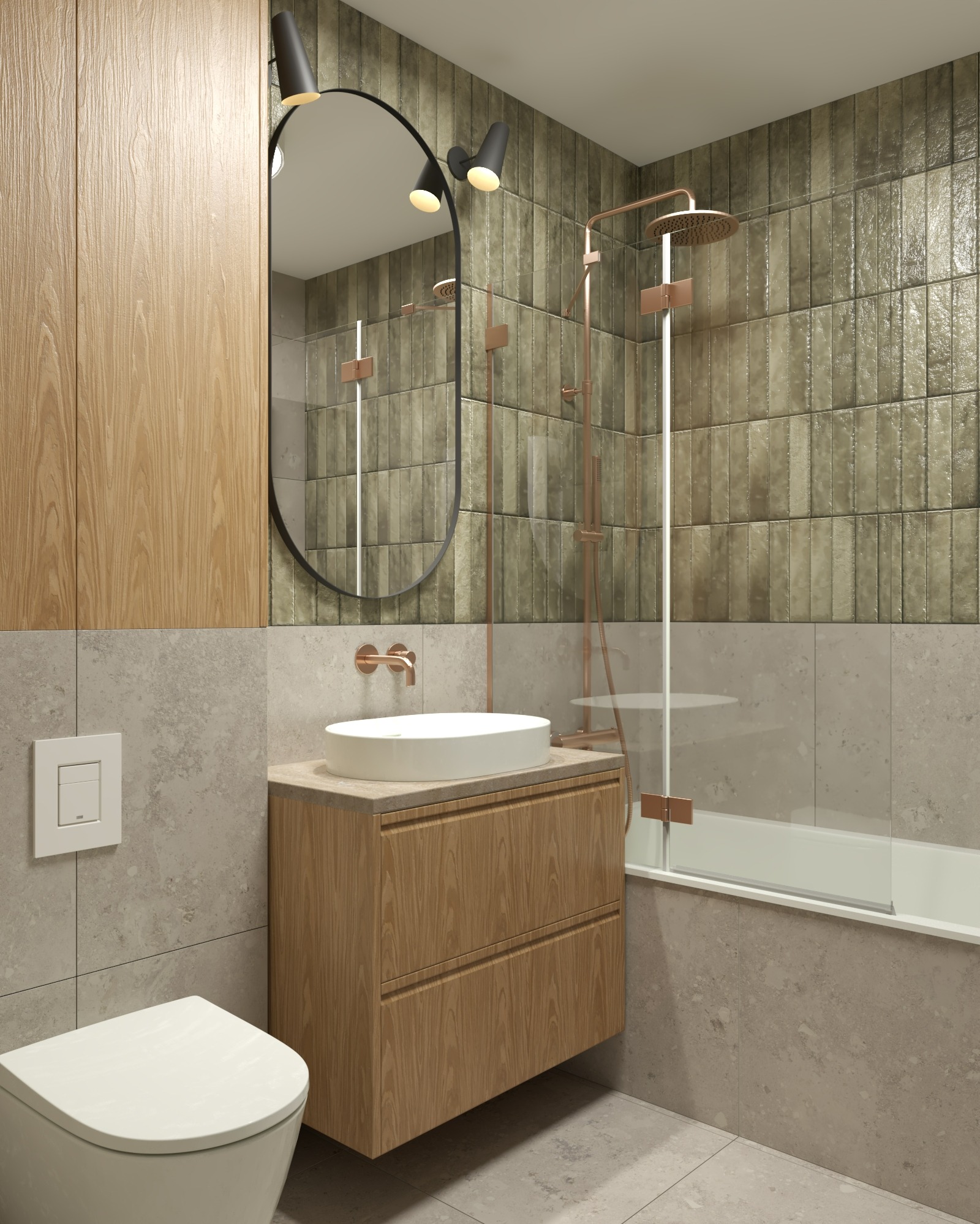 Nowoczesna łazienka z drewnianą szafką pod umywalką, owalnym lustrem z oświetleniem i prysznicem typu walk-in z miedzianą armaturą na tle zielonych płytek.