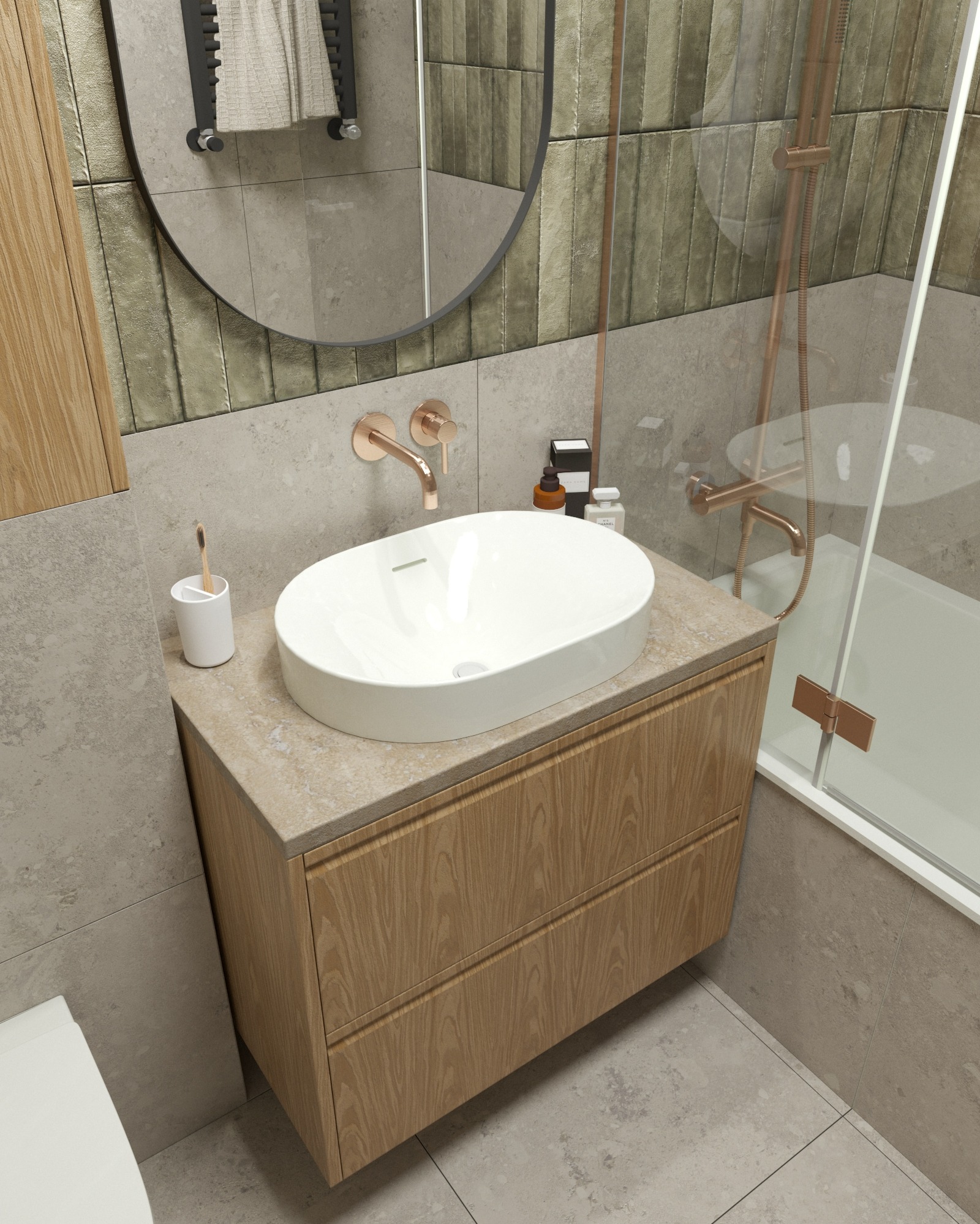 Nowoczesna łazienka z owalną białą umywalką na szafce z drewnianym frontem. Miedziana armatura, lustro w czarnej ramie i beżowe płytki tworzą spójny design. #PAN