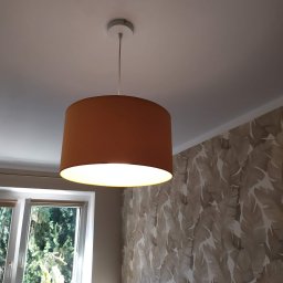 Adam Przybylski - Brązowy abażur lampy wiszącej z włączonym światłem, widok z dołu na tle sufitu, okna z kwiatami i ściany w liście.