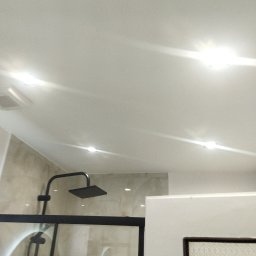 REMO DESIGN - Nowoczesna kabina prysznicowa z czarną armaturą i szklaną ścianą, oświetlona punktowymi lampami sufitowymi. Minimalistyczny design łazienki.