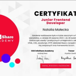 Certyfikat ukończenia szkolenia Junior Frontend Developer, wystawiony przez InfoShare Academy dla Natalii Małeckiej, potwierdzający wiedzę z Git, HTML, CSS, JavaScript, HTTP, React i Scrum...