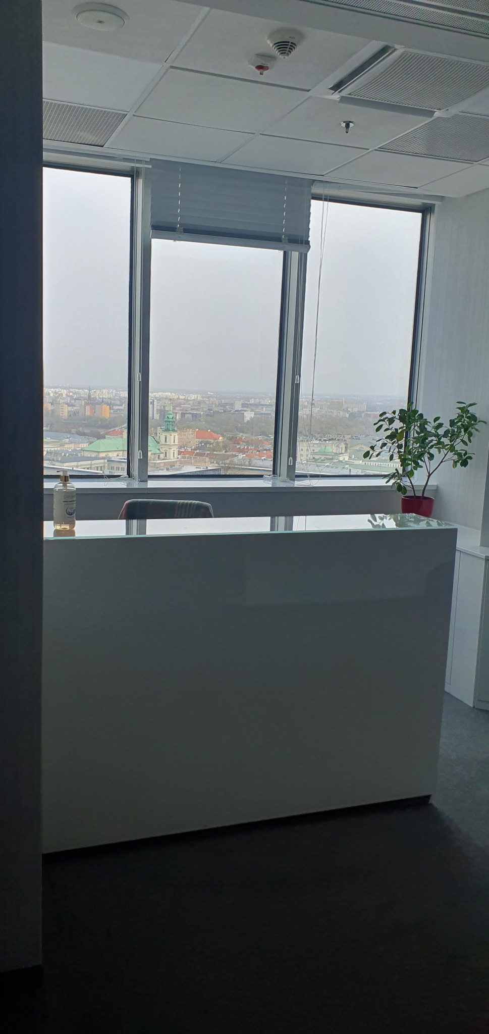 Biała lada recepcyjna w nowoczesnym biurze z widokiem na miasto przez duże okna; na ladzie stoi dozownik do mydła i mała roślina w czerwonej doniczce.