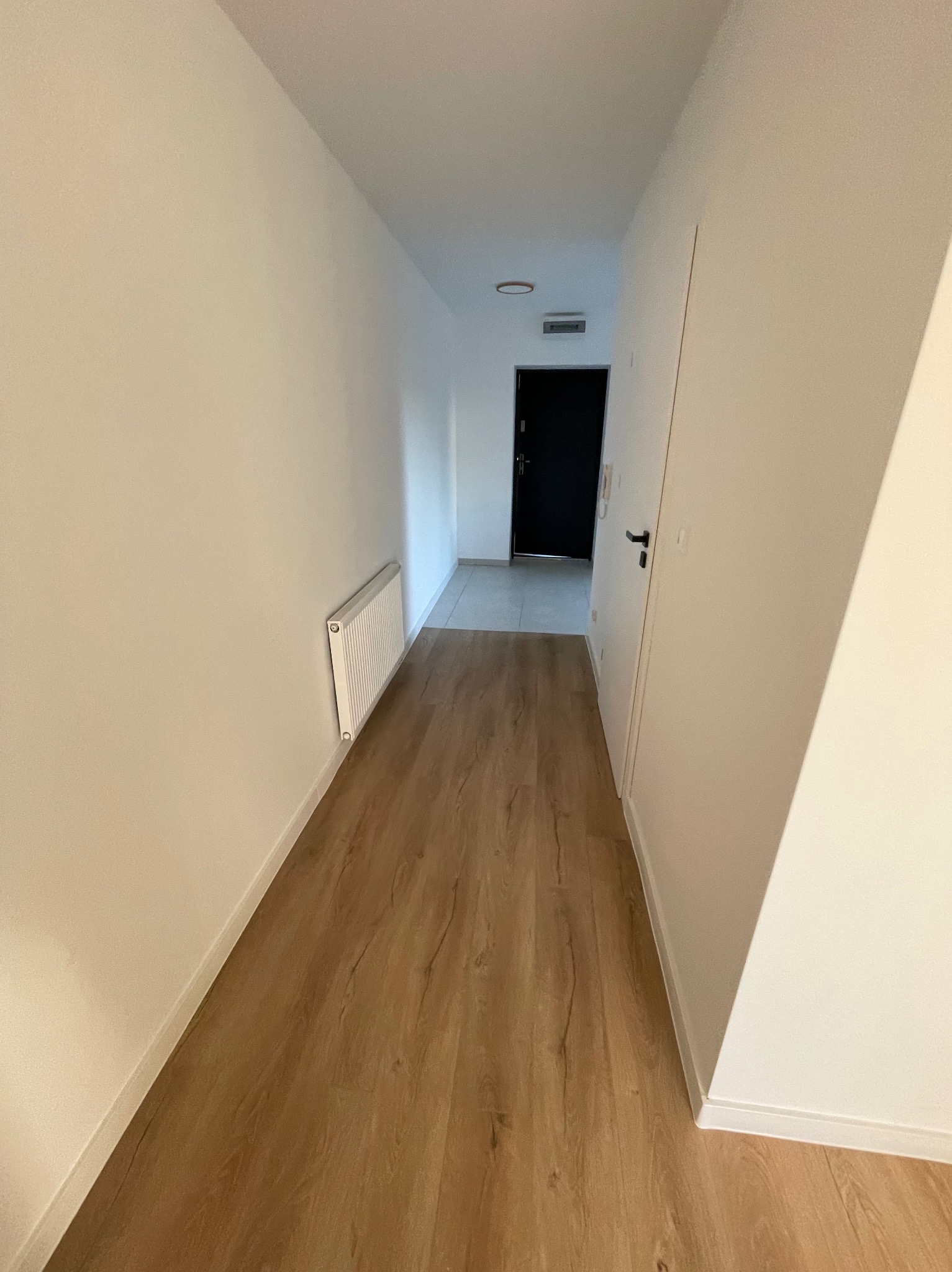 Wnętrze korytarza z panelami podłogowymi w odcieniach drewna, białe ściany z grzejnikiem i czarne drzwi wejściowe na końcu. Minimalistyczny design.
