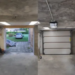 Dwuczęściowe ujęcie garażu: po lewej surowy wjazd z widokiem na podw&oacute;rko i srebrny samoch&oacute;d, po prawej zainstalowana biała segmentowa brama z napędem, surowy beton na suficie.