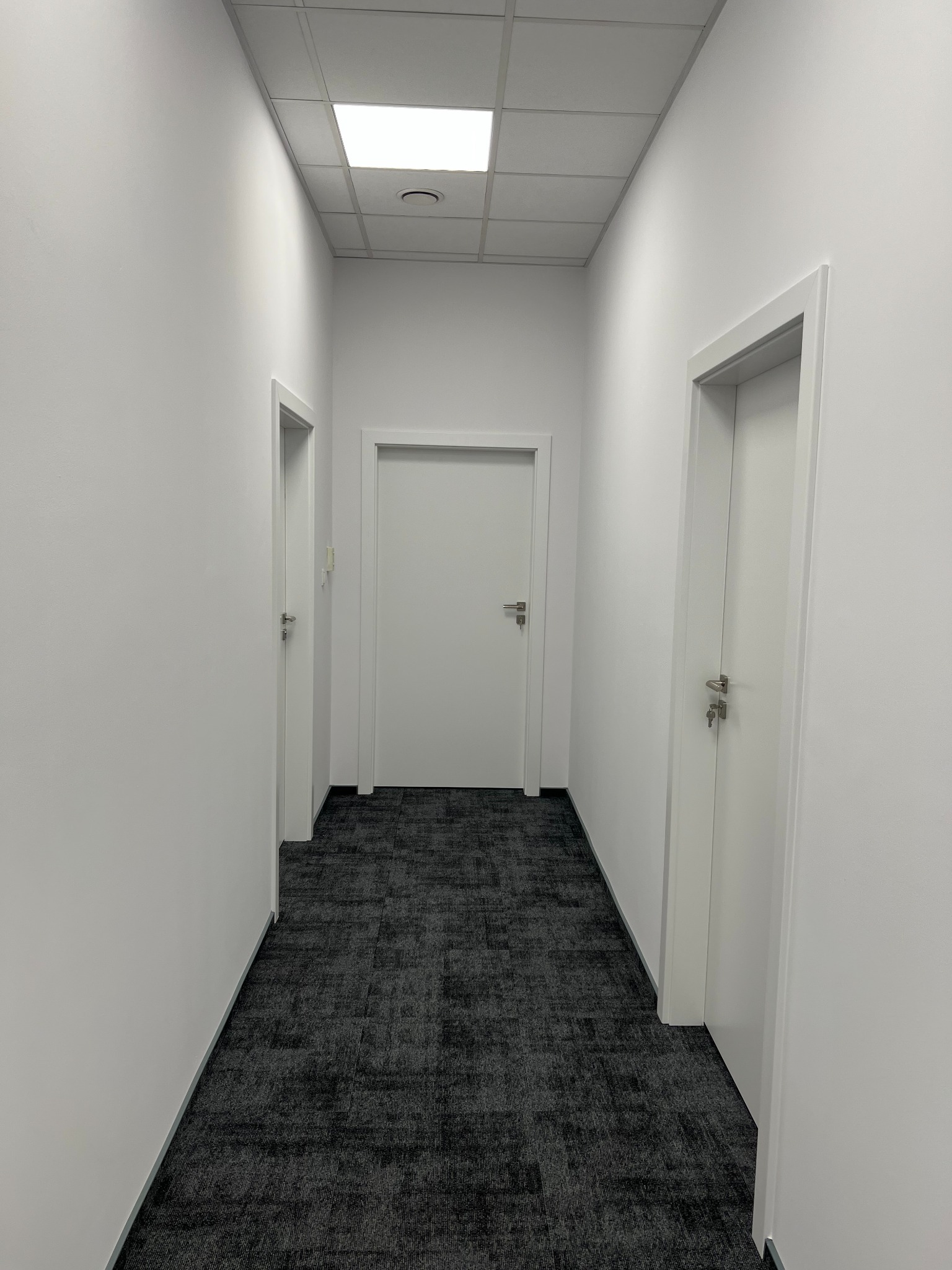 Korytarz biurowy z trzema białymi skrzydłami drzwiowymi i szarą wykładziną dywanową, widok z perspektywy osoby stojącej.