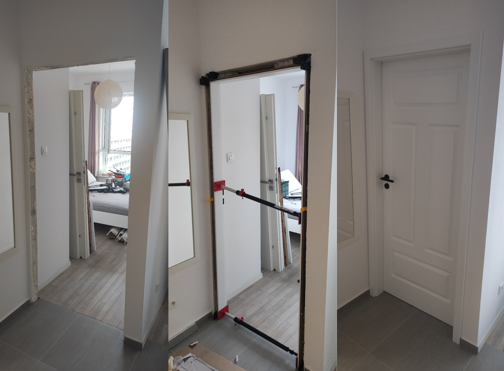 Trzy etapy montażu białych drzwi wewnętrznych w mieszkaniu w Warszawie: surowy otwór, z ościeżnicą stabilizowaną rozpórkami i gotowe drzwi z czarną klamką.