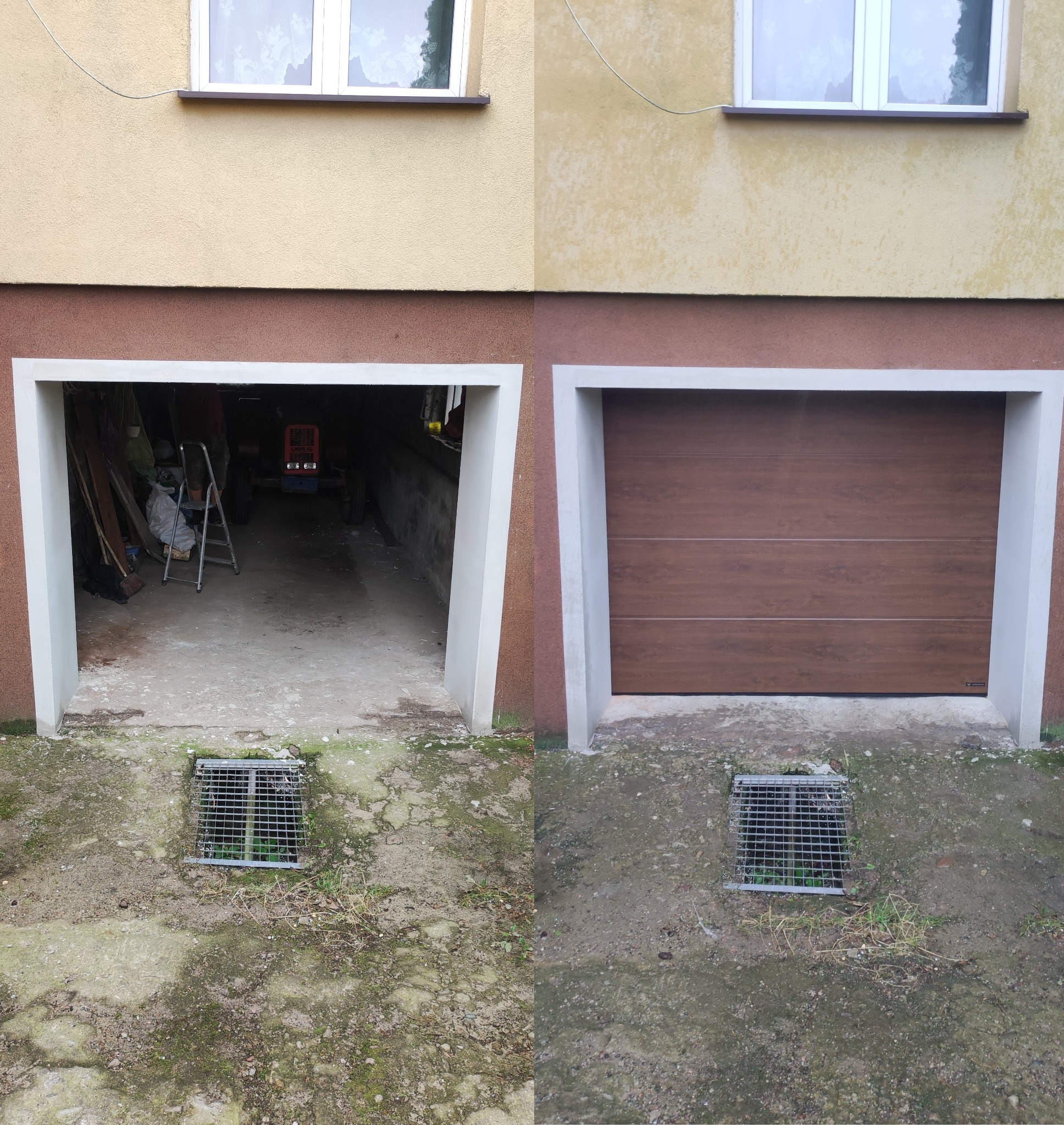 Porównanie garażu przed i po montażu segmentowej bramy garażowej w kolorze drewna, widoczna różnica w porządku i estetyce wnętrza.