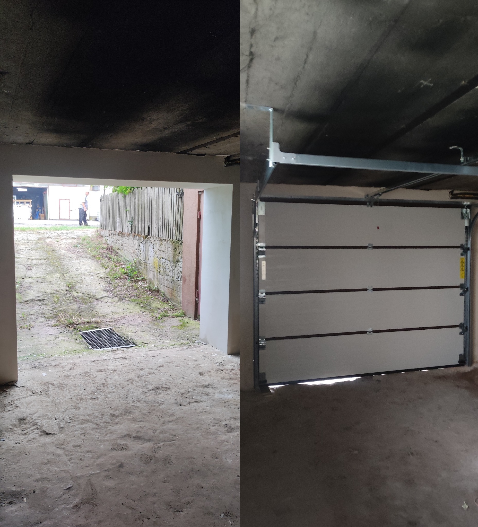 Wnętrze garażu z zamontowaną segmentową bramą garażową w kolorze jasnym, widok na zewnątrz przez otwarty wjazd, betonowa podłoga i sufit.