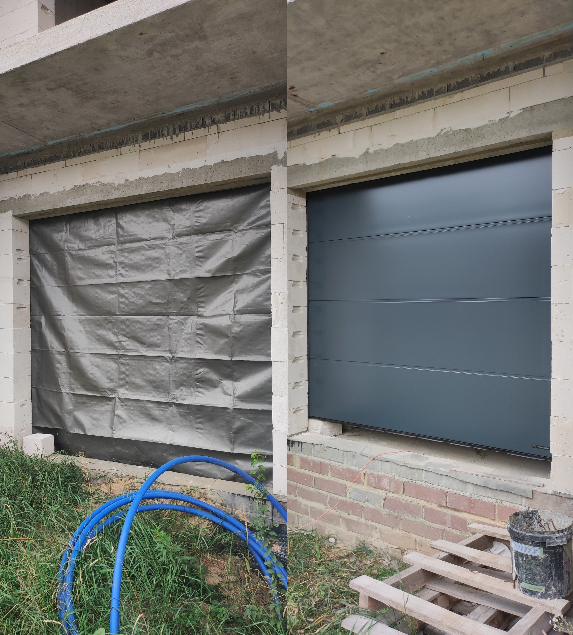 Porównanie: po lewej garaż w trakcie budowy zabezpieczony folią, po prawej zamontowana szara segmentowa brama garażowa Wiśniowski z poziomymi przetłoczeniami.