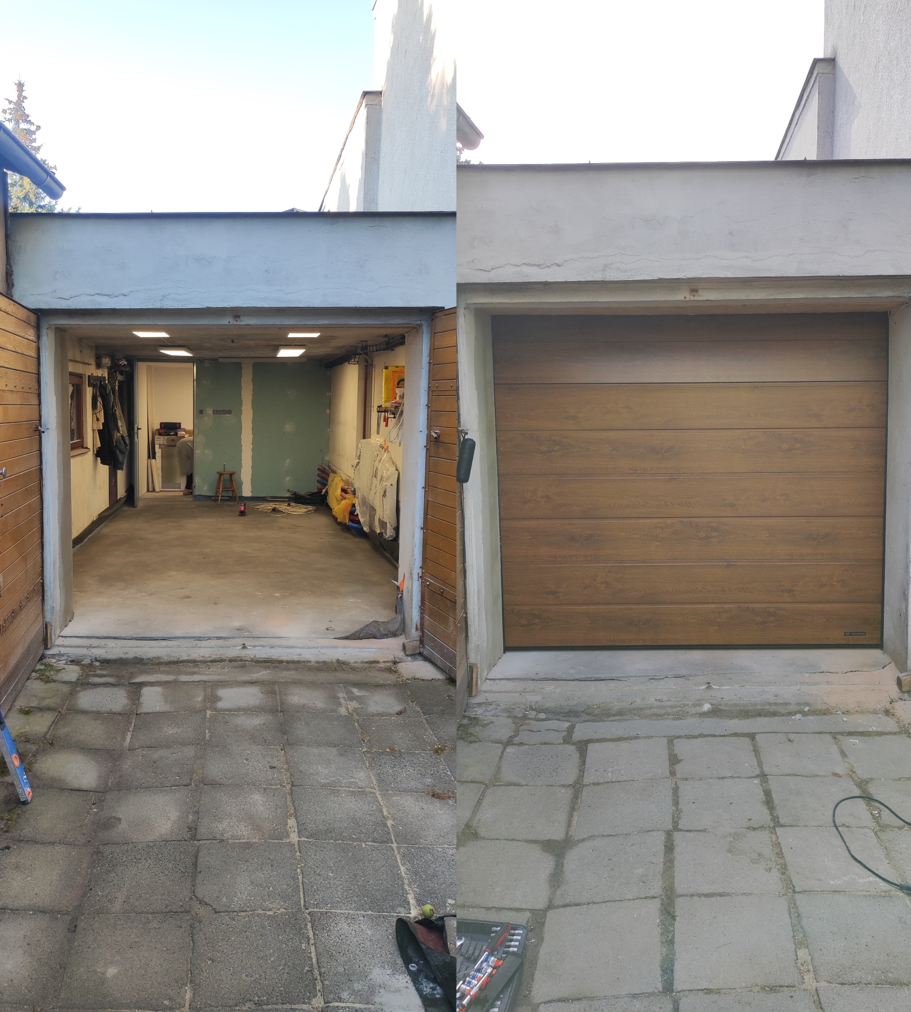 Garaż przed i po: po lewej otwarty garaż z widocznym wnętrzem w trakcie remontu, po prawej zamknięta, segmentowa brama garażowa o fakturze drewna.