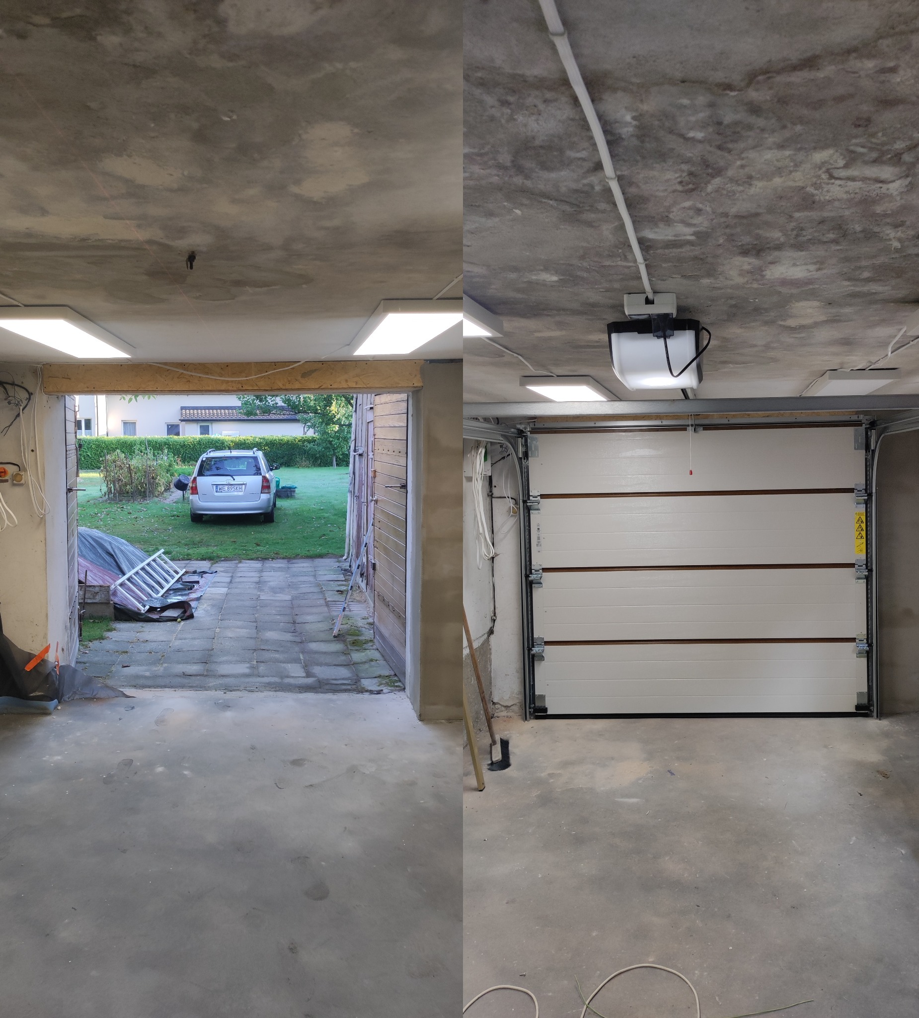 Dwuczęściowe ujęcie garażu: po lewej surowy wjazd z widokiem na podwórko i srebrny samochód, po prawej zainstalowana biała segmentowa brama z napędem, surowy beton na suficie.