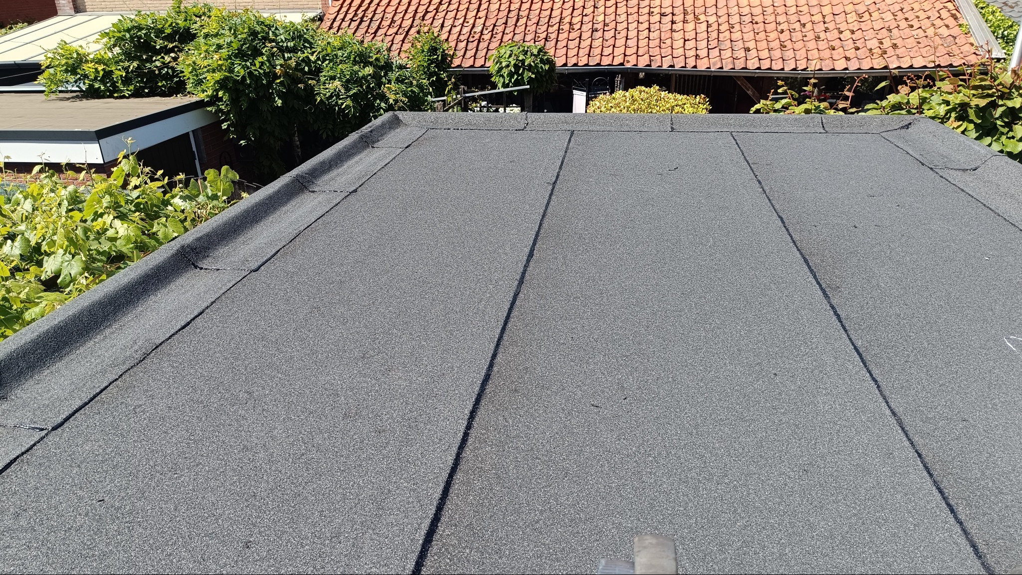 Szary dach pokryty papą na płasko, z widocznymi łączeniami, w tle roślinność i czerwona dachówka sąsiedniego budynku, wykonany z dbałością o szczegóły.