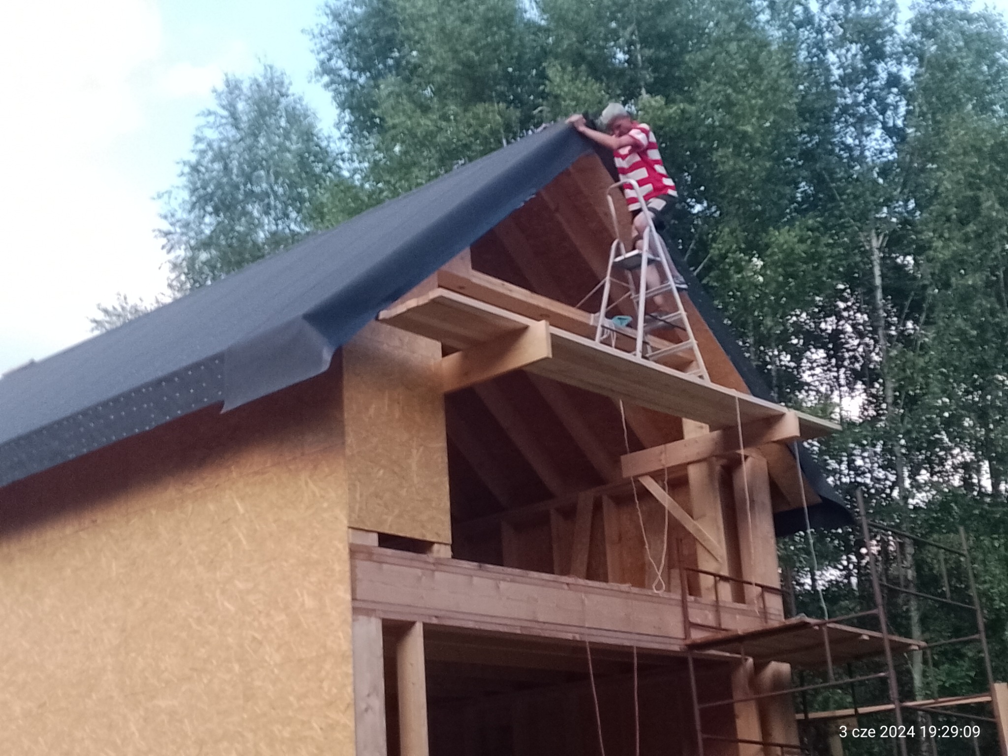 Człowiek w koszuli w paski na drabinie montuje czarną membranę dachową na drewnianej konstrukcji budynku w trakcie budowy, widok na drzewa w tle.