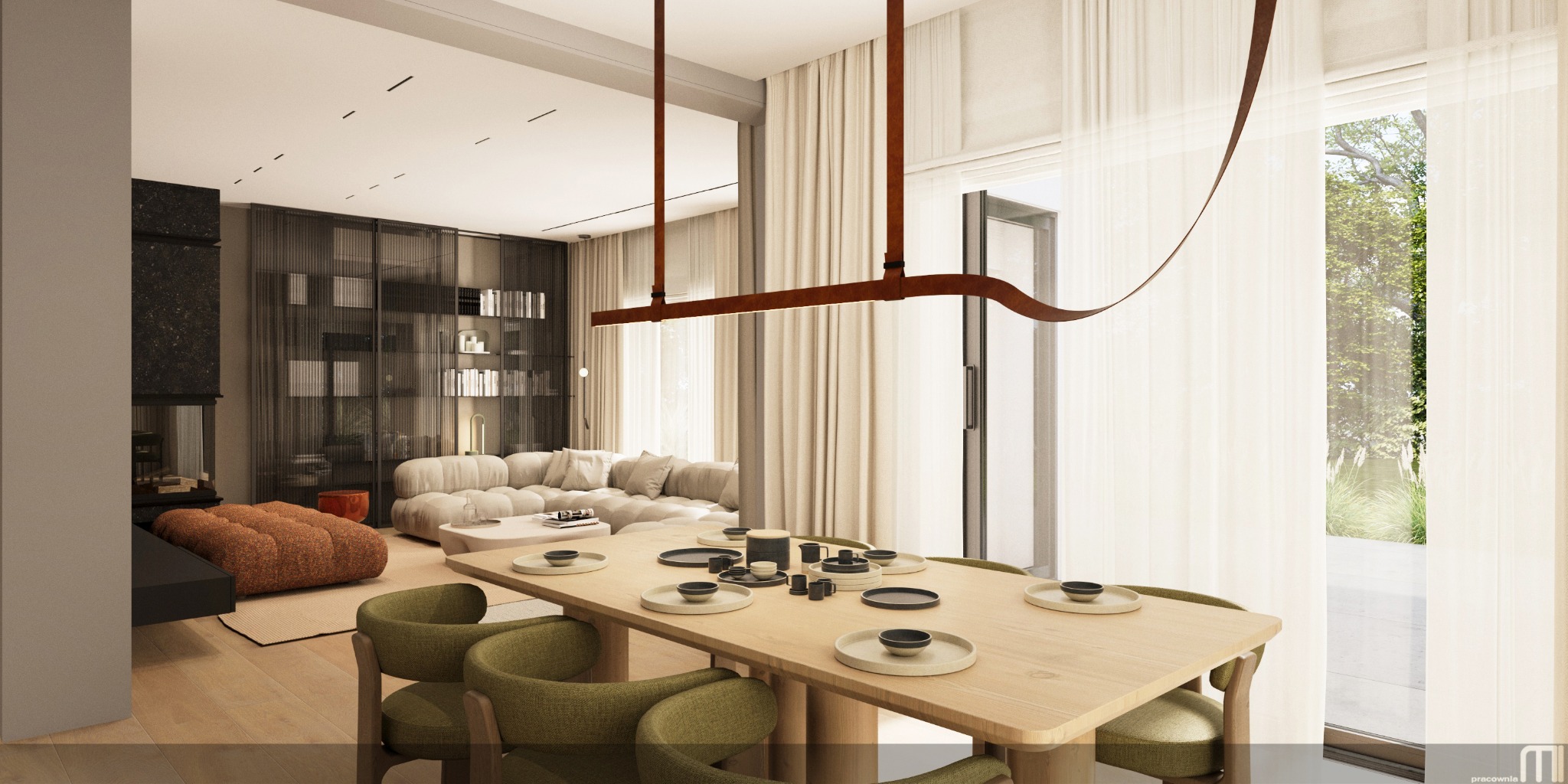 Jasne, przestronne wnętrze: stół z zastawą, krzesła w odcieniach zieleni, sofa i regał z książkami w tle. Nowoczesny design z elementami naturalnymi.