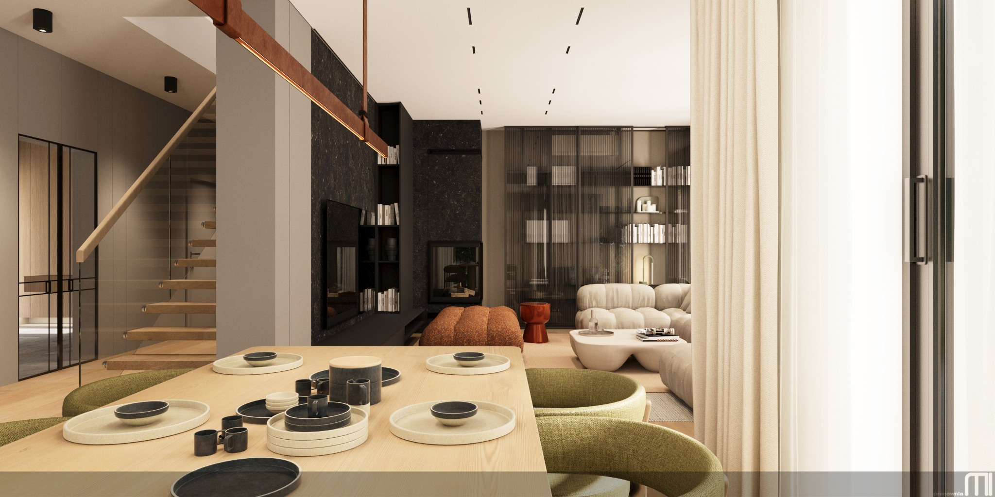 Eleganckie wnętrze: stół z zastawą, schody z drewnianymi stopniami, salon z sofą w tle. Nowoczesny design z elementami drewna i kamienia.