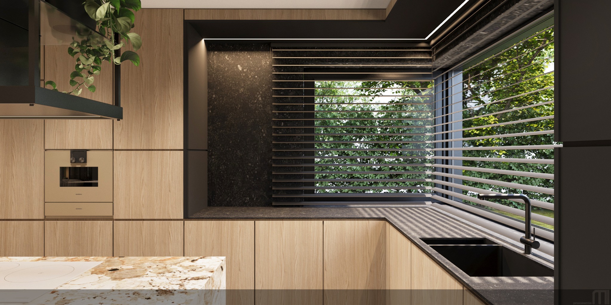 Nowoczesna kuchnia z drewnianymi frontami i blatem z marmuru. Duże okno z żaluzjami wpuszcza naturalne światło. Minimalistyczny design z roślinnym akcentem.