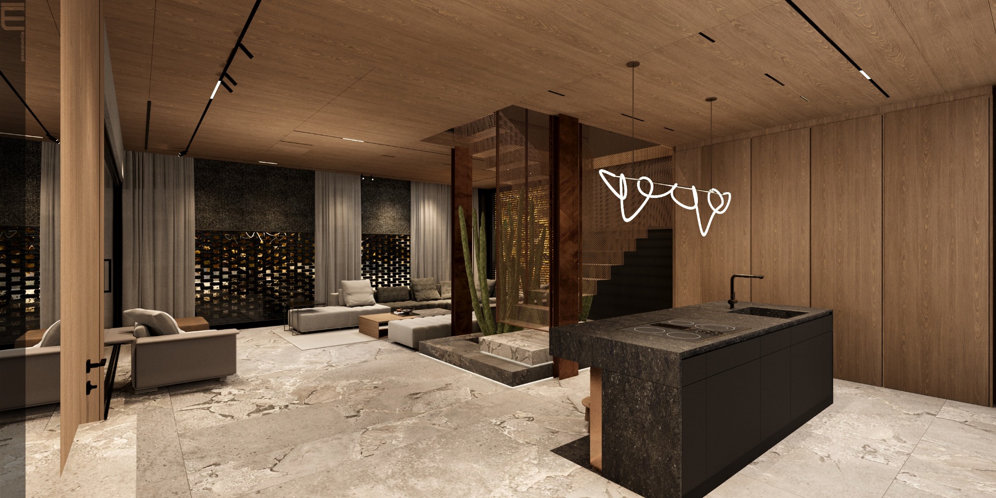 Wnętrze luksusowego apartamentu z otwartą przestrzenią: salon z sofami, nowoczesna kuchnia z wyspą, schody i dekoracyjne elementy z drewna i metalu.