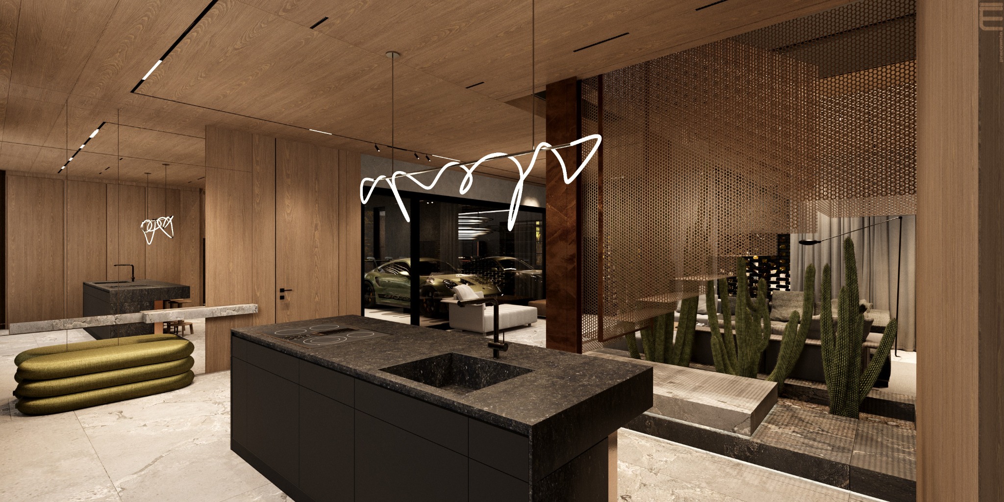 Nowoczesna kuchnia z wyspą i oświetleniem LED, widok na salon z kaktusami i garaż z luksusowymi samochodami. Drewniane wykończenie wnętrza.