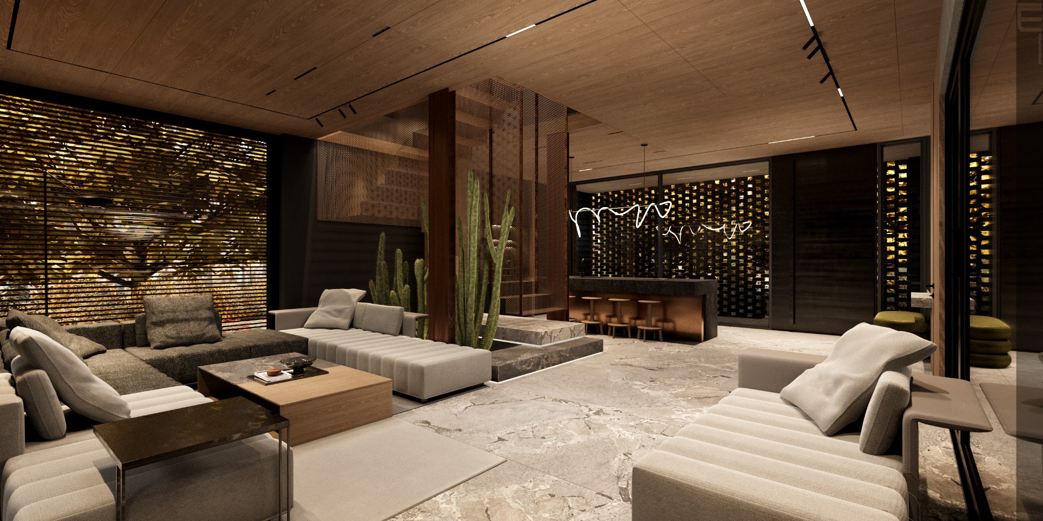 Nowoczesny salon z drewnianym sufitem, szarymi sofami, marmurową podłogą i ścianą z ażurową dekoracją. Kaktusy dodają naturalnego akcentu. Subtelne oświetlenie.