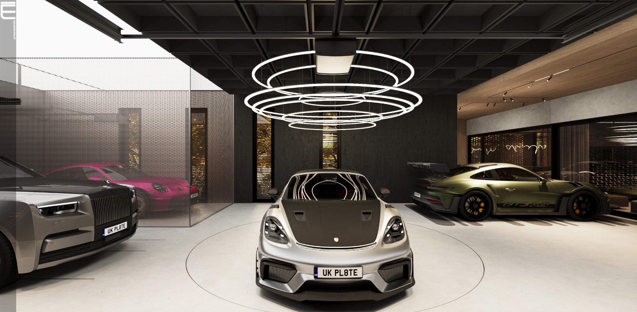 Luksusowy garaż z trzema sportowymi samochodami: szary Rolls-Royce, różowe i zielone Porsche. Nowoczesne oświetlenie, perforowana ściana. Realizacja projektu garażu.