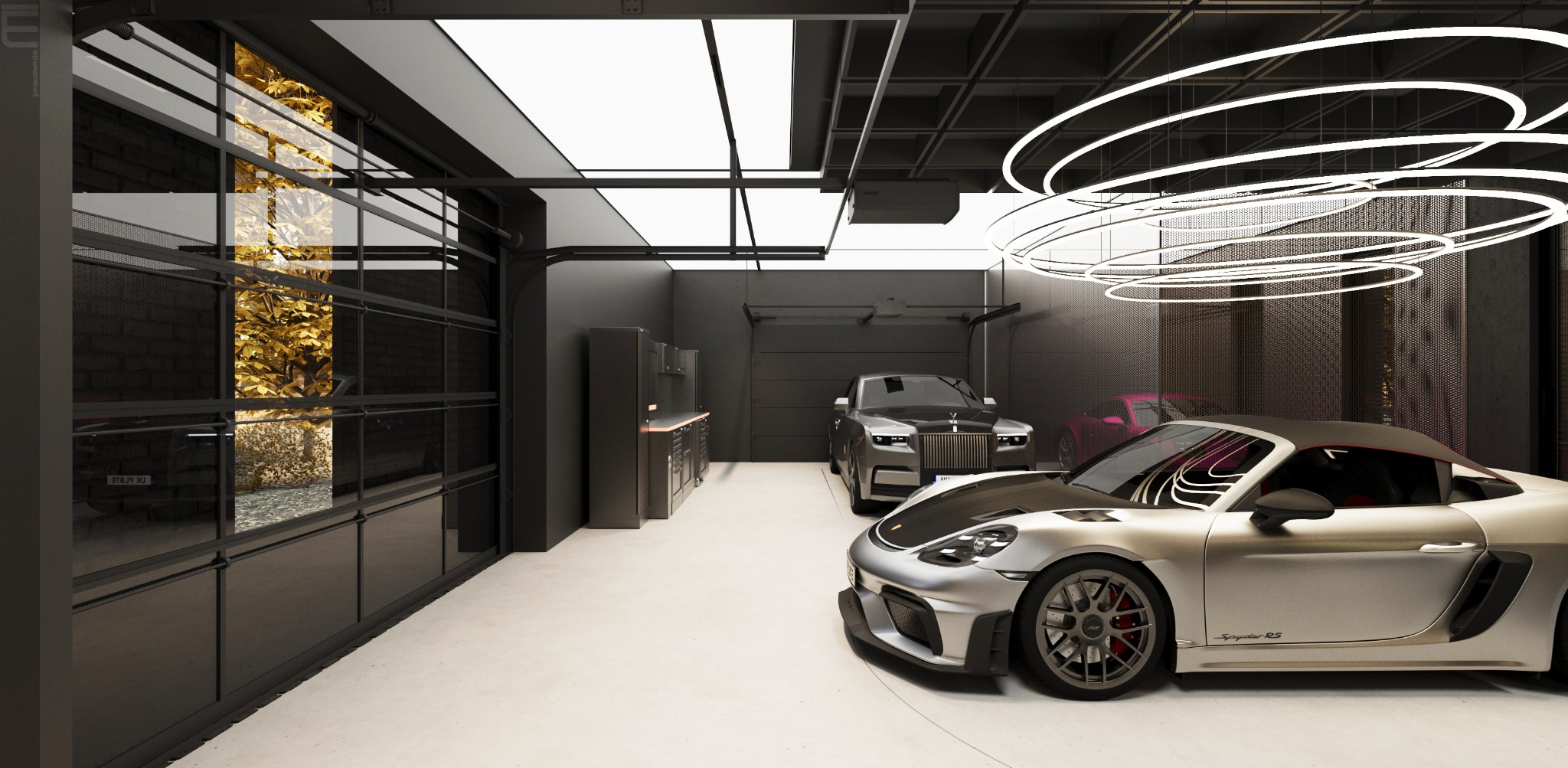 Nowoczesny garaż w ciemnej tonacji z trzema luksusowymi samochodami, oświetleniem LED i dekoracyjną ścianą z efektem złota.