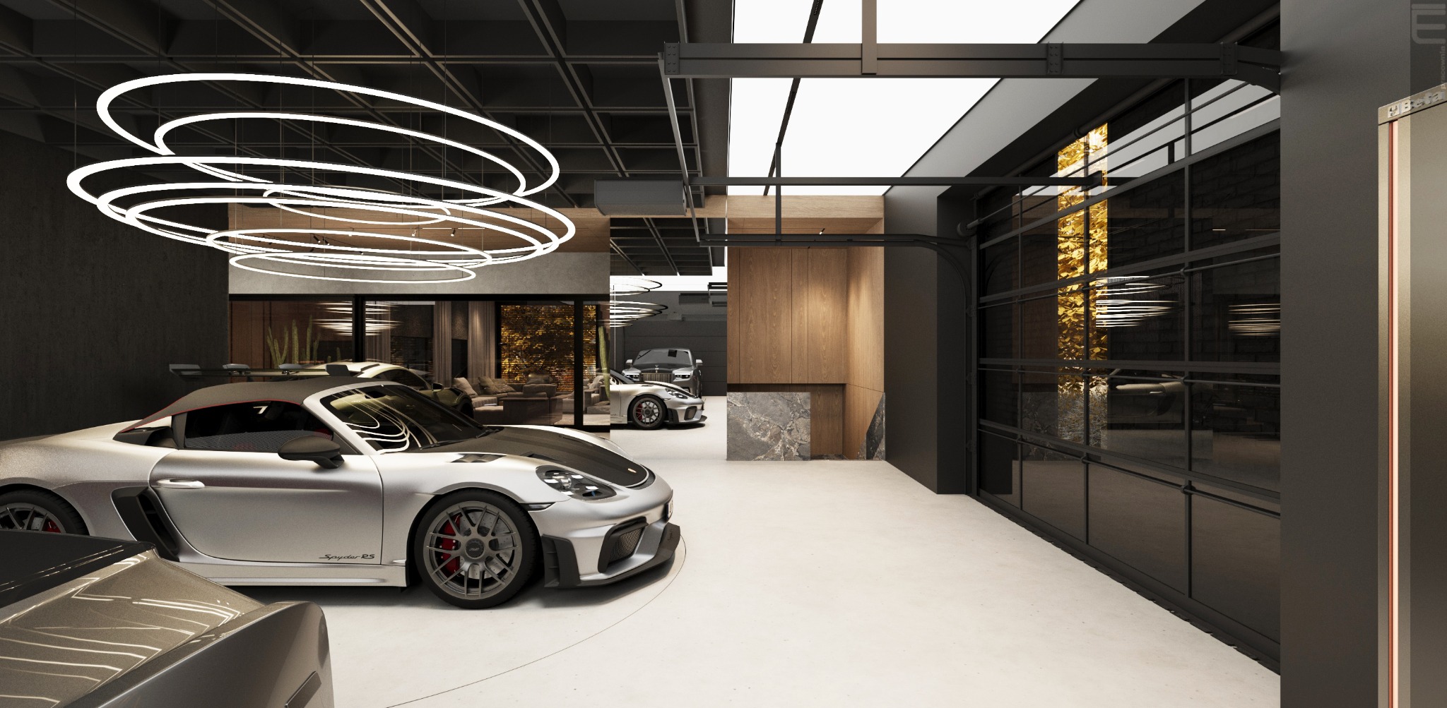 Nowoczesny garaż z luksusowymi autami, designerskim oświetleniem i elementami drewna. Projekt wnętrza garażu z salonem w tle.