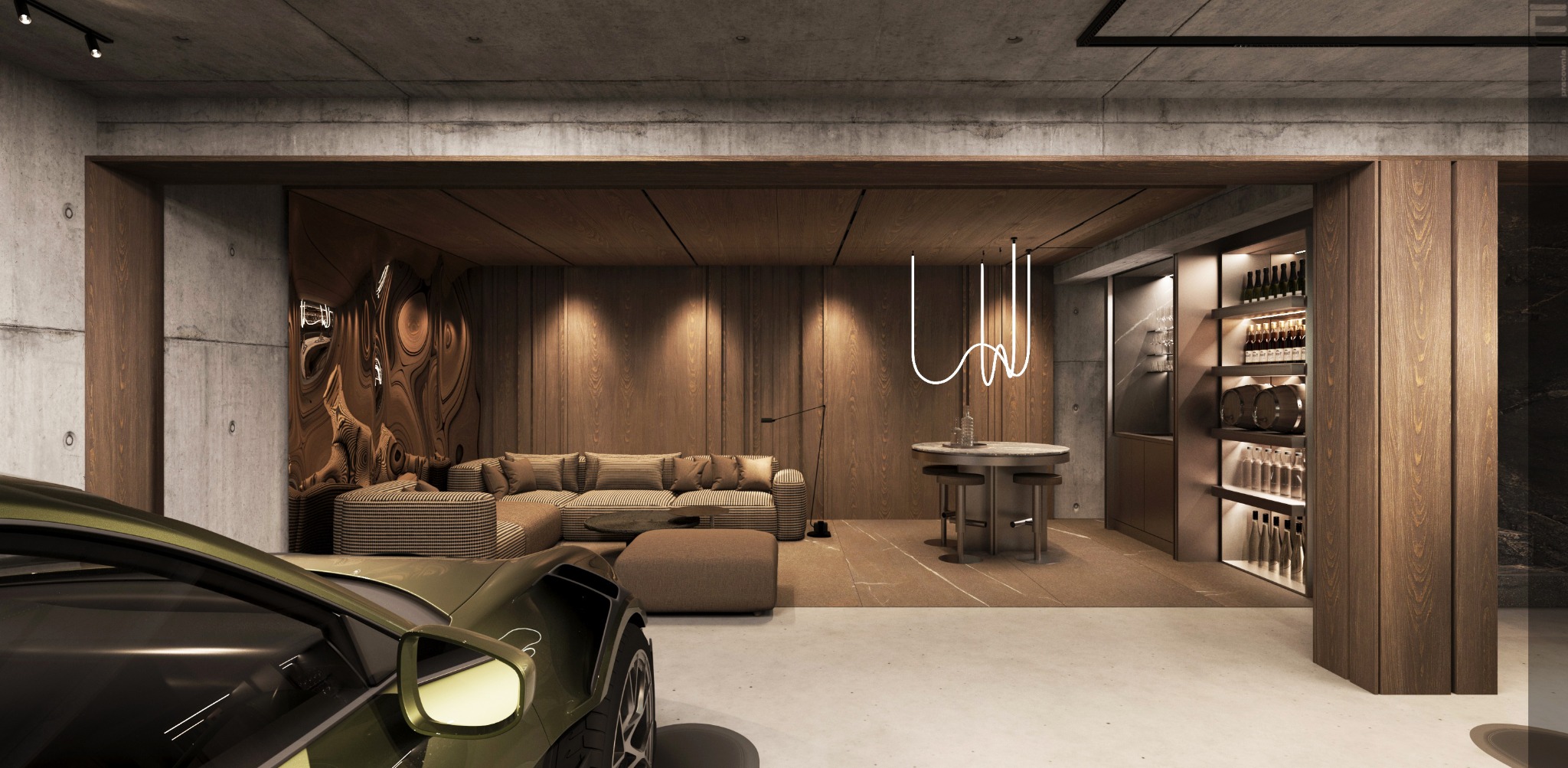 Nowoczesny salon z betonowymi ścianami i drewnianym wykończeniem. W tle sofa, stół i regał na wino. Na pierwszym planie fragment auta.