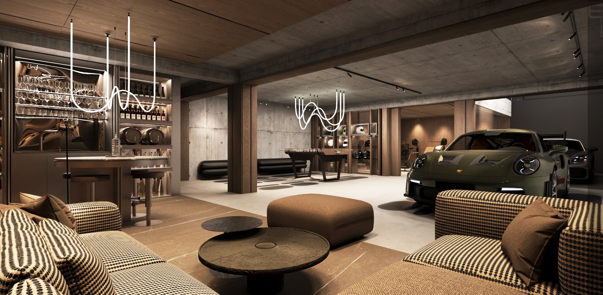 Nowoczesny salon z barem, stołem do gry w piłkarzyki i garażem z luksusowymi samochodami. Oświetlenie dekoracyjne podkreśla betonowe ściany i drewniane elementy.