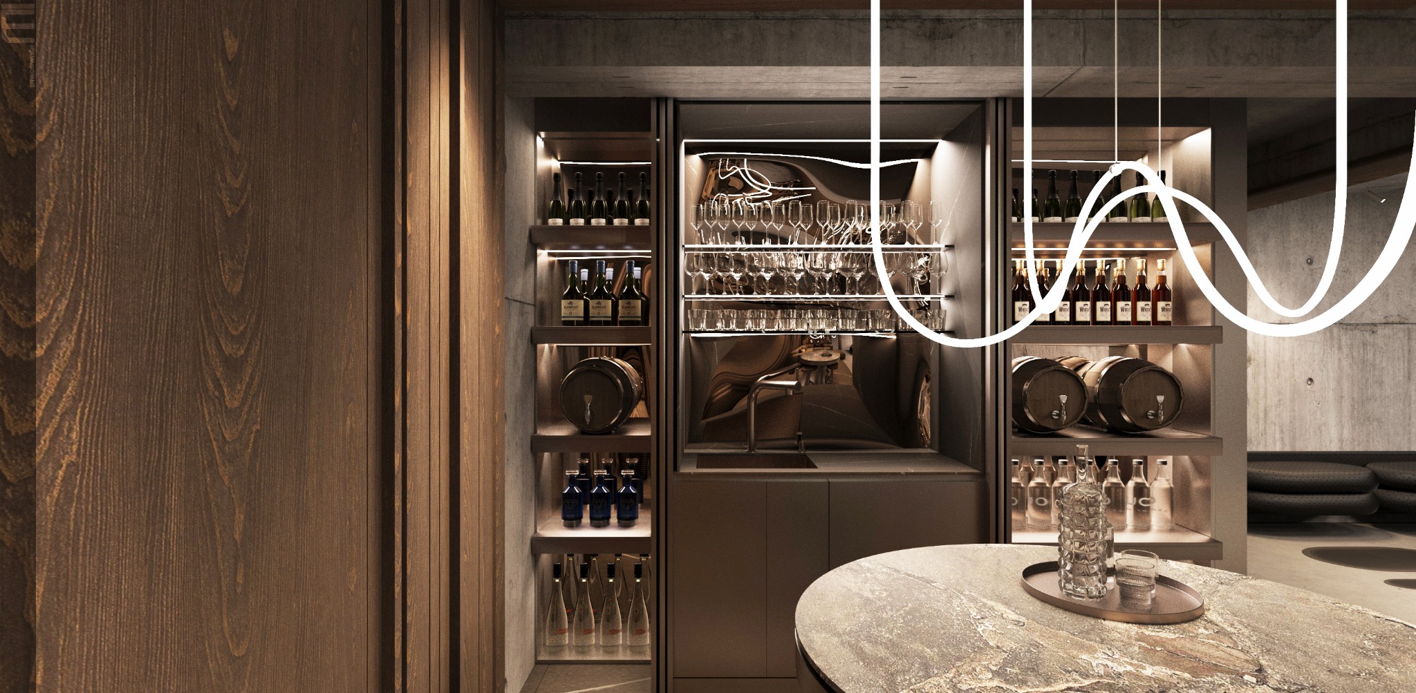 Nowoczesny bar w mieszkaniu: podświetlane półki z butelkami, szklankami, drewniane beczki i kamienny stół. Subtelne oświetlenie podkreśla elegancki design.