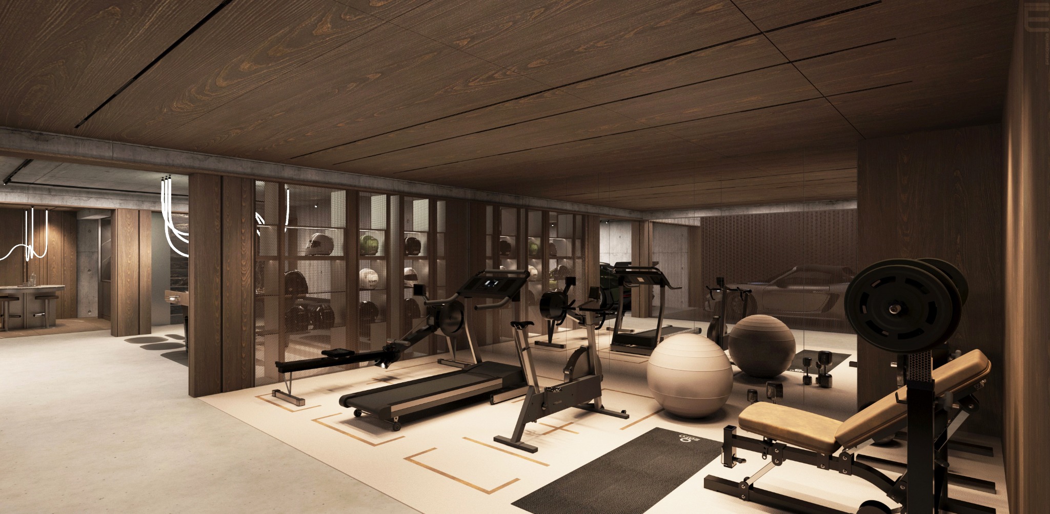 Projekt siłowni w mieszkaniu: bieżnia, rower stacjonarny, ławka do ćwiczeń, piłki. Drewniane wykończenie sufitu i ścian, lustra. Nowoczesny design.