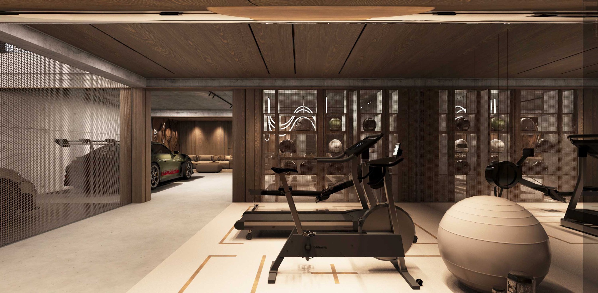 Nowoczesna aranżacja domowej siłowni z elementami garażu: sprzęt fitness, piłka do ćwiczeń i sportowe auta w tle, podkreślona ciepłym oświetleniem i drewnianym wykończeniem.