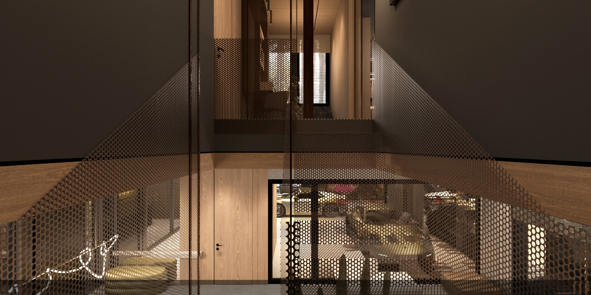 Wielopoziomowe wnętrze mieszkania z perforowaną balustradą schodów, widok na garaż z luksusowymi autami. Nowoczesny design.