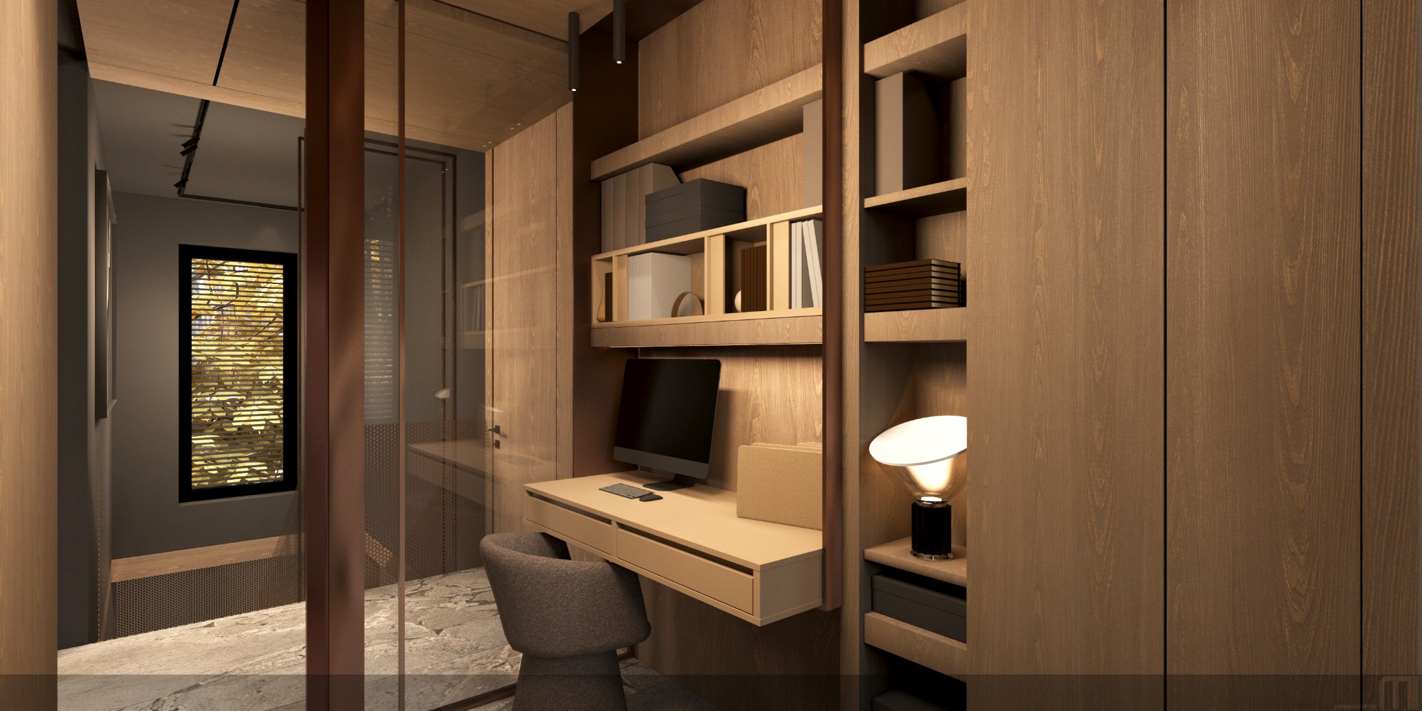 Nowoczesny gabinet w zabudowie z drewnianymi panelami, biurkiem i półkami. Krzesło biurowe, lampka stołowa. Stonowana kolorystyka, elegancki design.