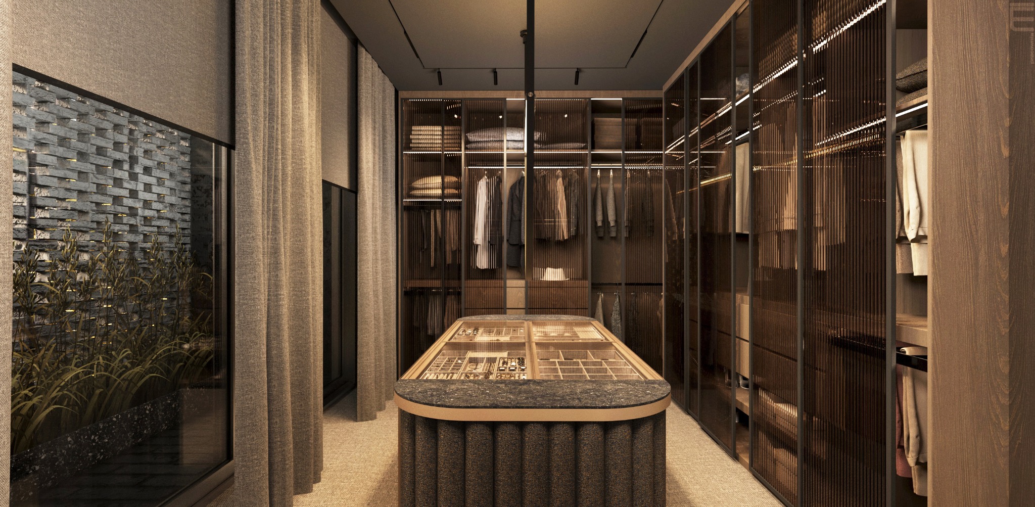 Nowoczesna garderoba z podświetlanymi szafami z przesuwnymi drzwiami, wyspą na biżuterię i widokiem na wewnętrzny ogród przez okno z zasłonami.