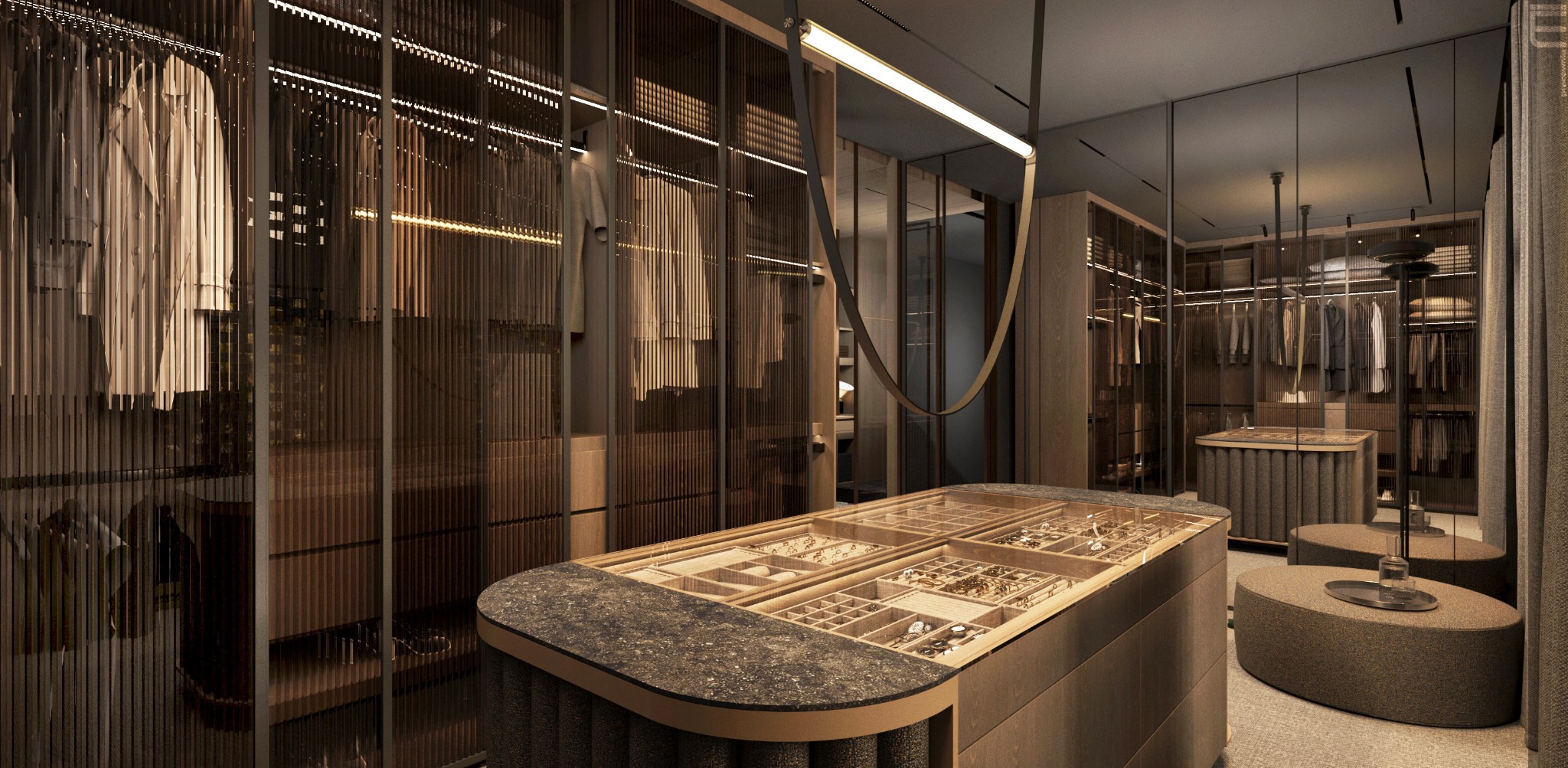 Elegancka garderoba z przeszklonymi szafami i wyspą na biżuterię, oświetlona listwami LED, w odcieniach brązu i beżu. Nowoczesny design z dbałością o detale.