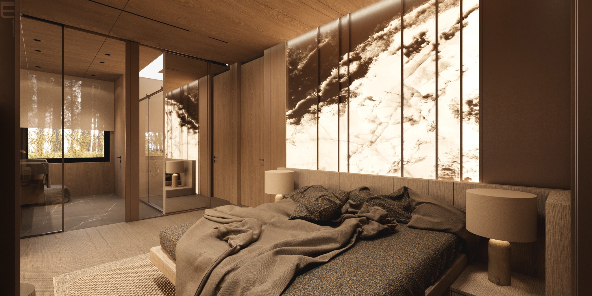 Nowoczesna sypialnia z łazienką en-suite, drewnianym wykończeniem, podświetlaną ścianą z efektem marmuru i minimalistycznymi lampkami nocnymi. Ciepła, stonowana kolorystyka.