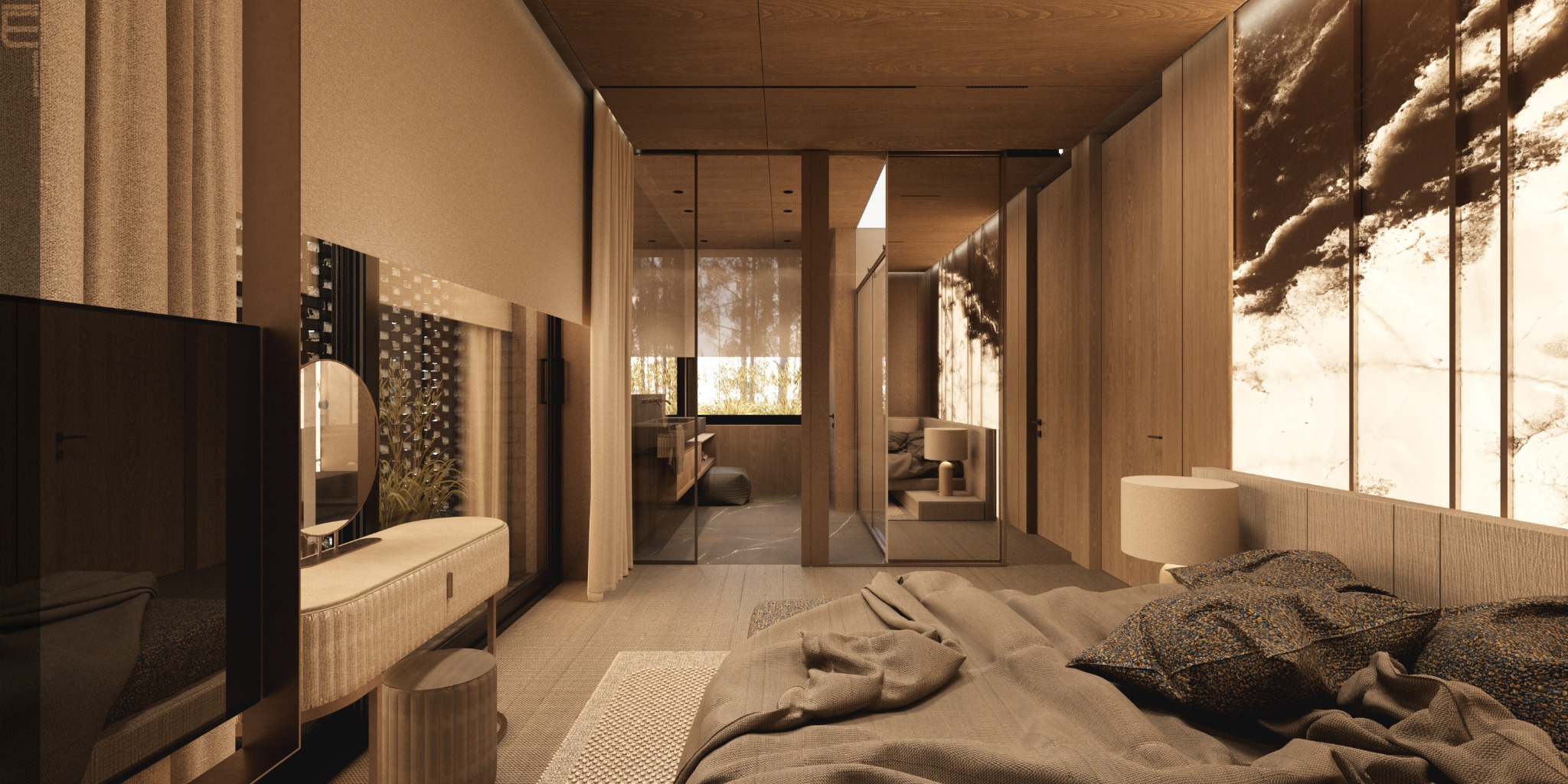 Nowoczesna sypialnia z łazienką en-suite, drewniane wykończenia, dekoracyjne panele ścienne imitujące marmur, elegancka toaletka z okrągłym lustrem.