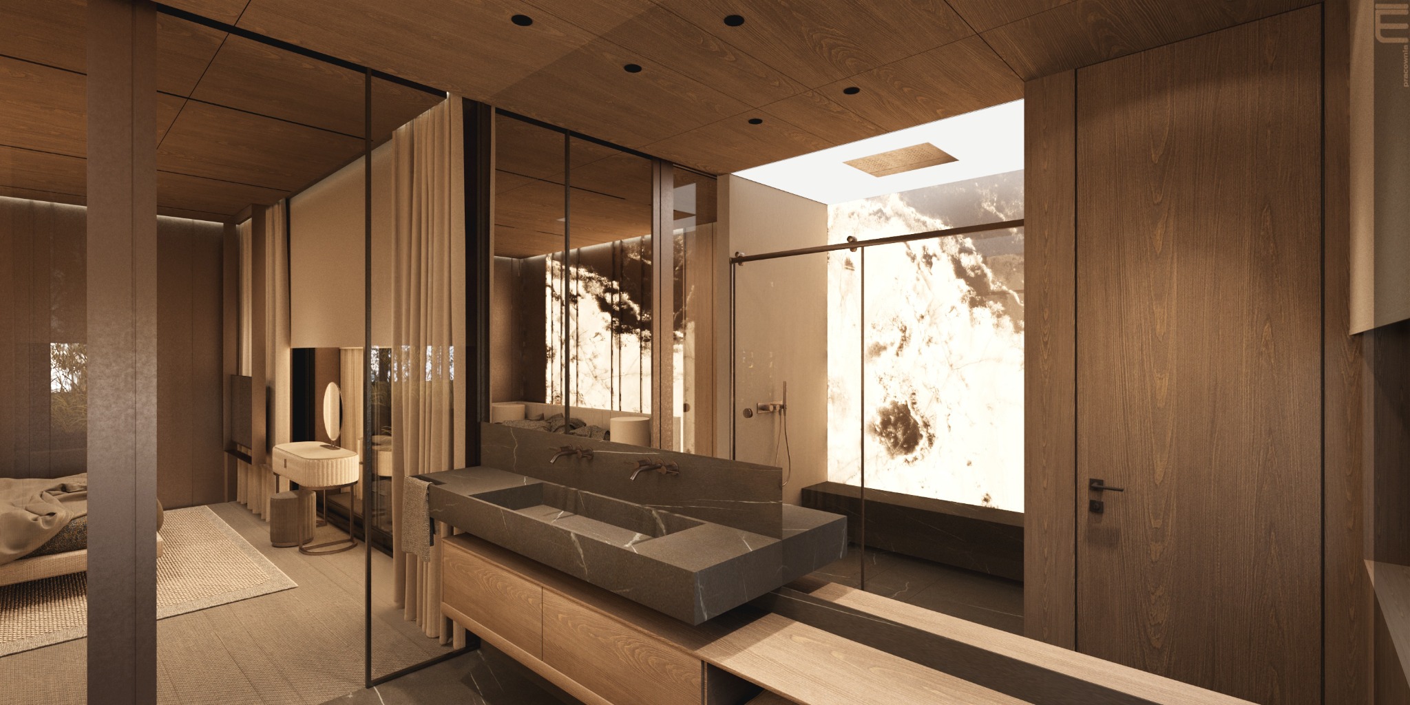 Projekt łazienki w stylu minimalistycznym z kamienną umywalką, drewnianym wykończeniem i podświetlaną ścianą imitującą marmur. Widok na sypialnię przez szklaną ścianę.