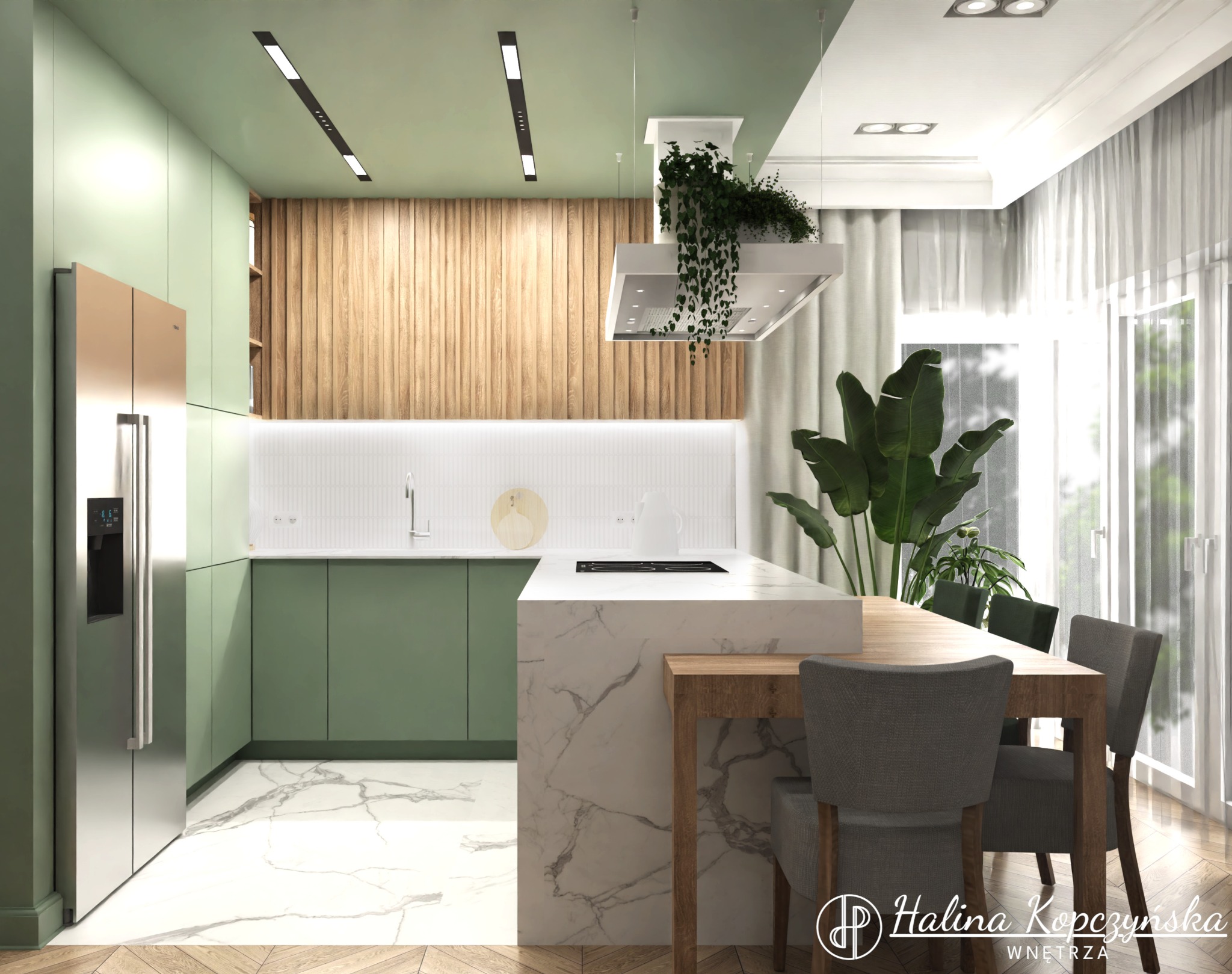 Wizualizacja nowoczesnej kuchni z zielonymi szafkami, drewnianymi panelami ściennymi, marmurową wyspą zintegrowaną ze stołem jadalnym i roślinami doniczkowymi.