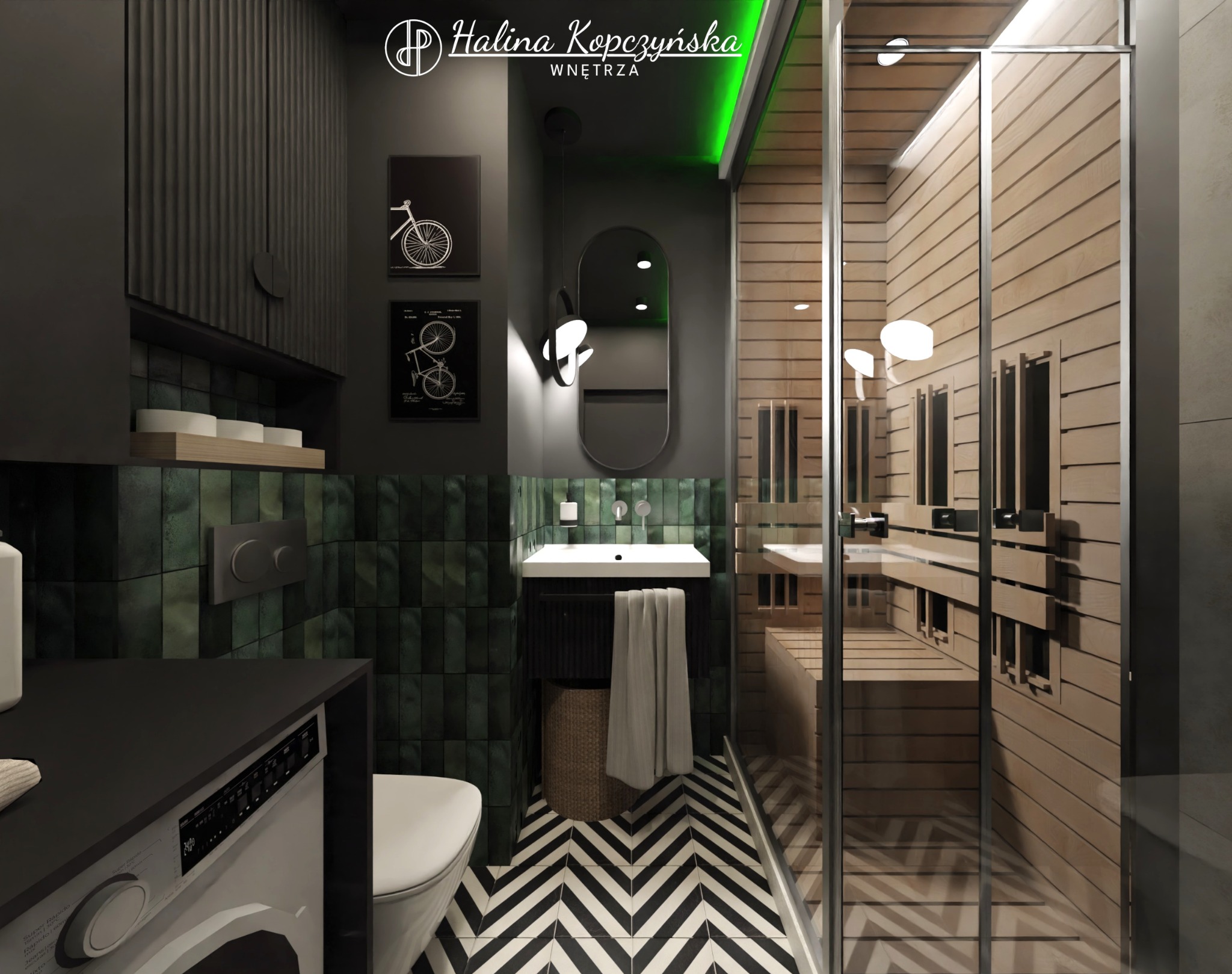 Wizualizacja nowoczesnej łazienki z sauną, zielone płytki na ścianie, czarno-biała podłoga w jodełkę, kabina prysznicowa ze szklanymi drzwiami, umywalka z szafką i wiszący ręcznik, pralka...