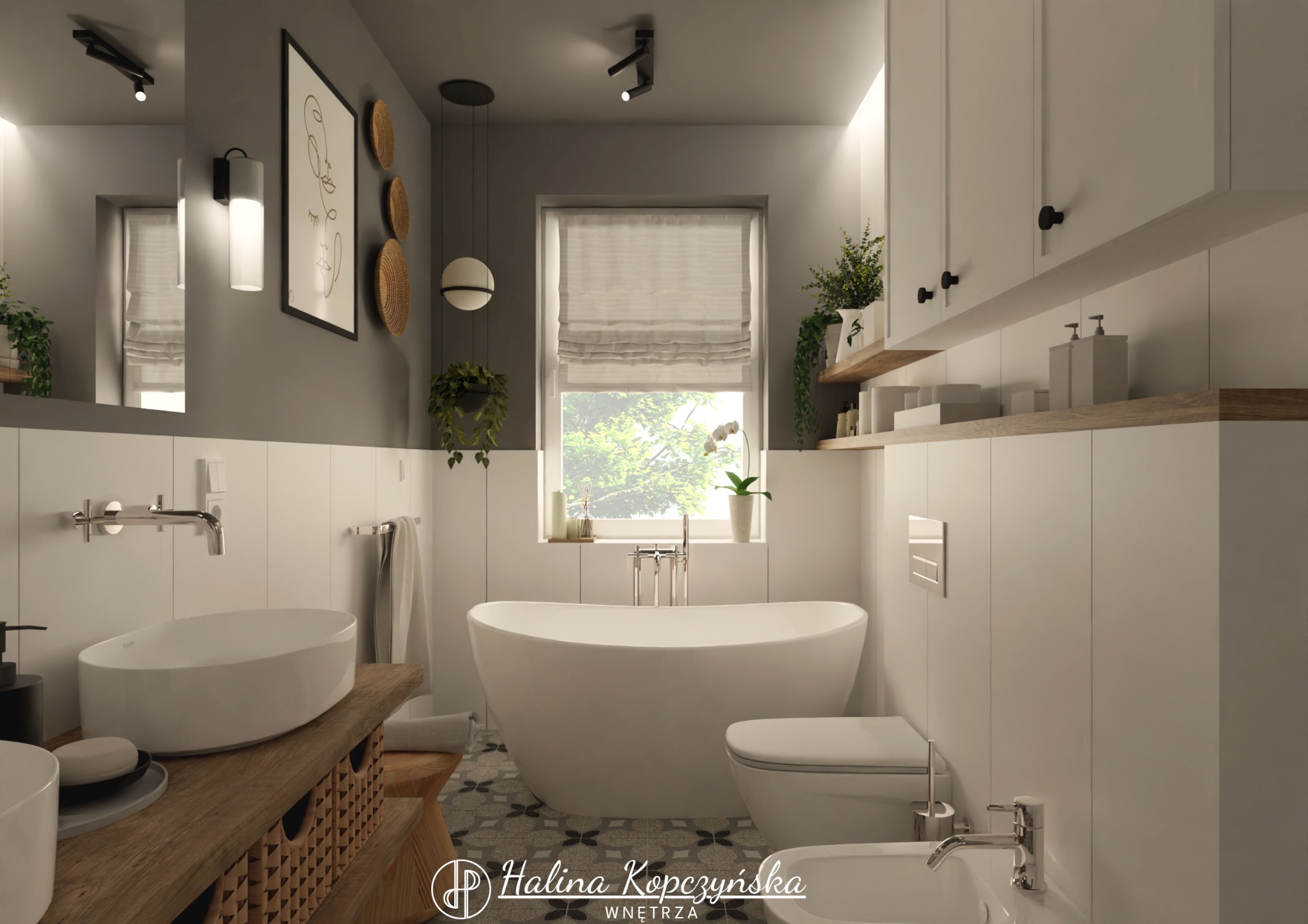 Jasna łazienka z wolnostojącą wanną, umywalką na drewnianym blacie, szarą ścianą i dekoracyjnymi dodatkami, takimi jak grafika na ścianie i wiszące rośliny.