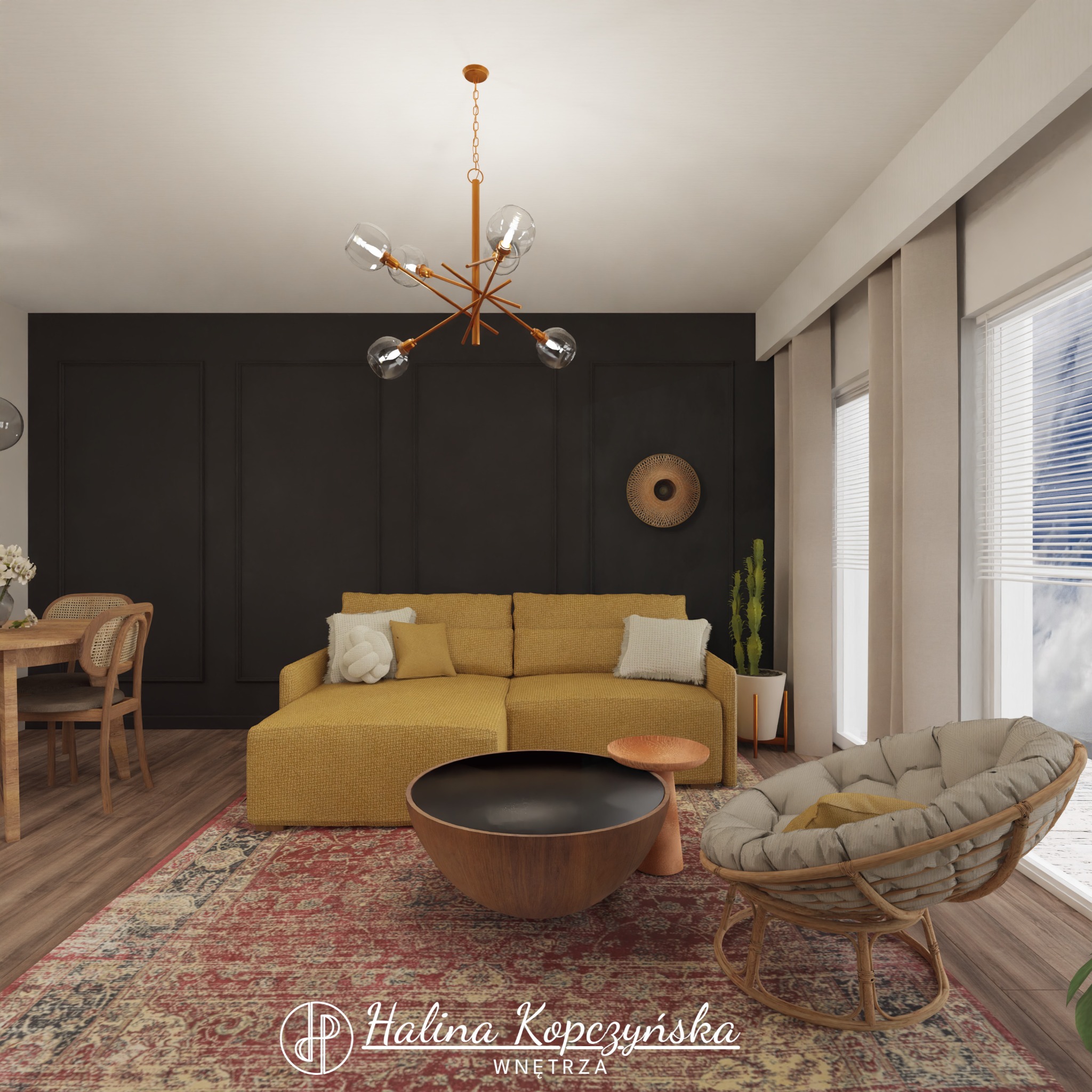 Wizualizacja salonu w Rajkowy z żółtą sofą, okrągłym stolikiem kawowym, rattanowym fotelem, dywanem w orientalne wzory i designerską lampą wiszącą.