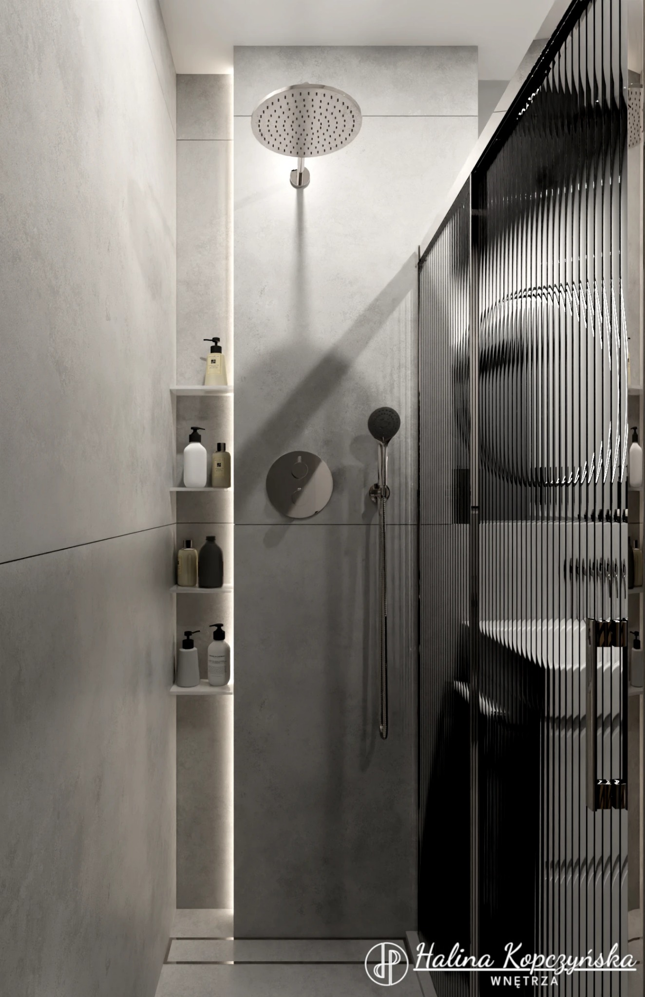 Nowoczesna łazienka z kabiną prysznicową o wzorzystych, czarnych panelach, deszczownicą i półkami z podświetleniem LED, utrzymana w szarościach.