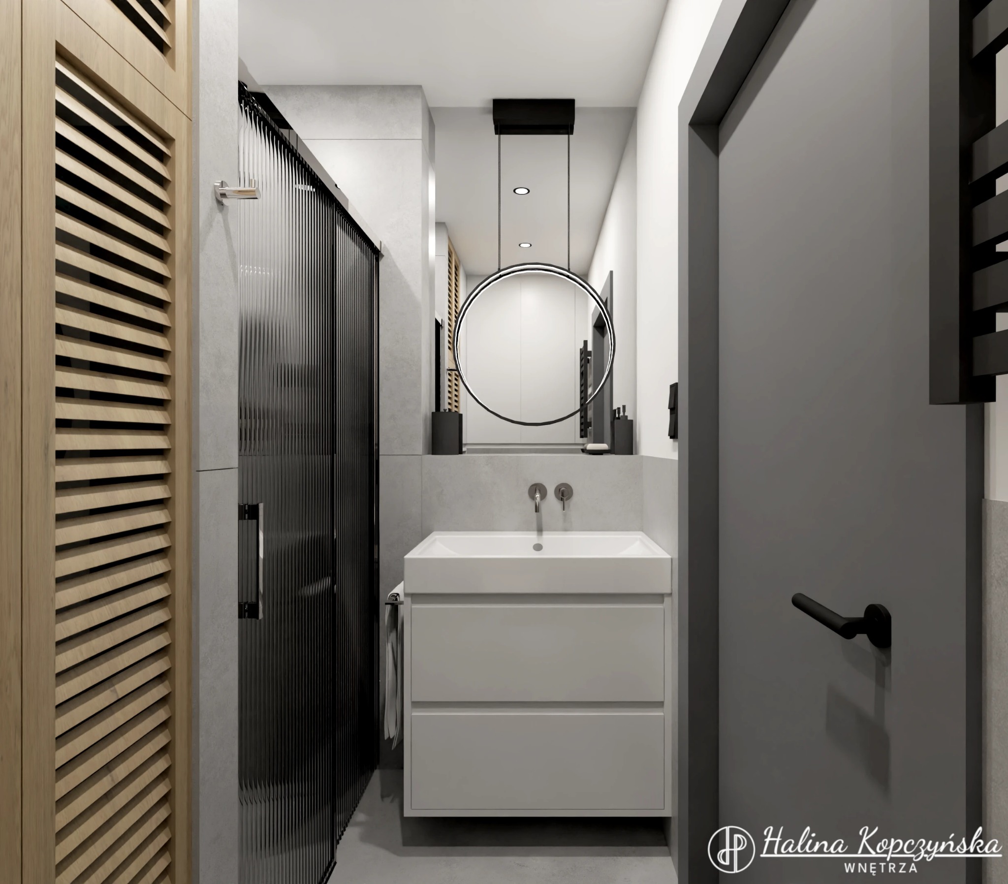 Nowoczesna łazienka z umywalką nablatową, okrągłym lustrem z podświetleniem LED, kabiną prysznicową z czarnymi prążkowanymi szybami oraz drewnianą szafką z lamelami.