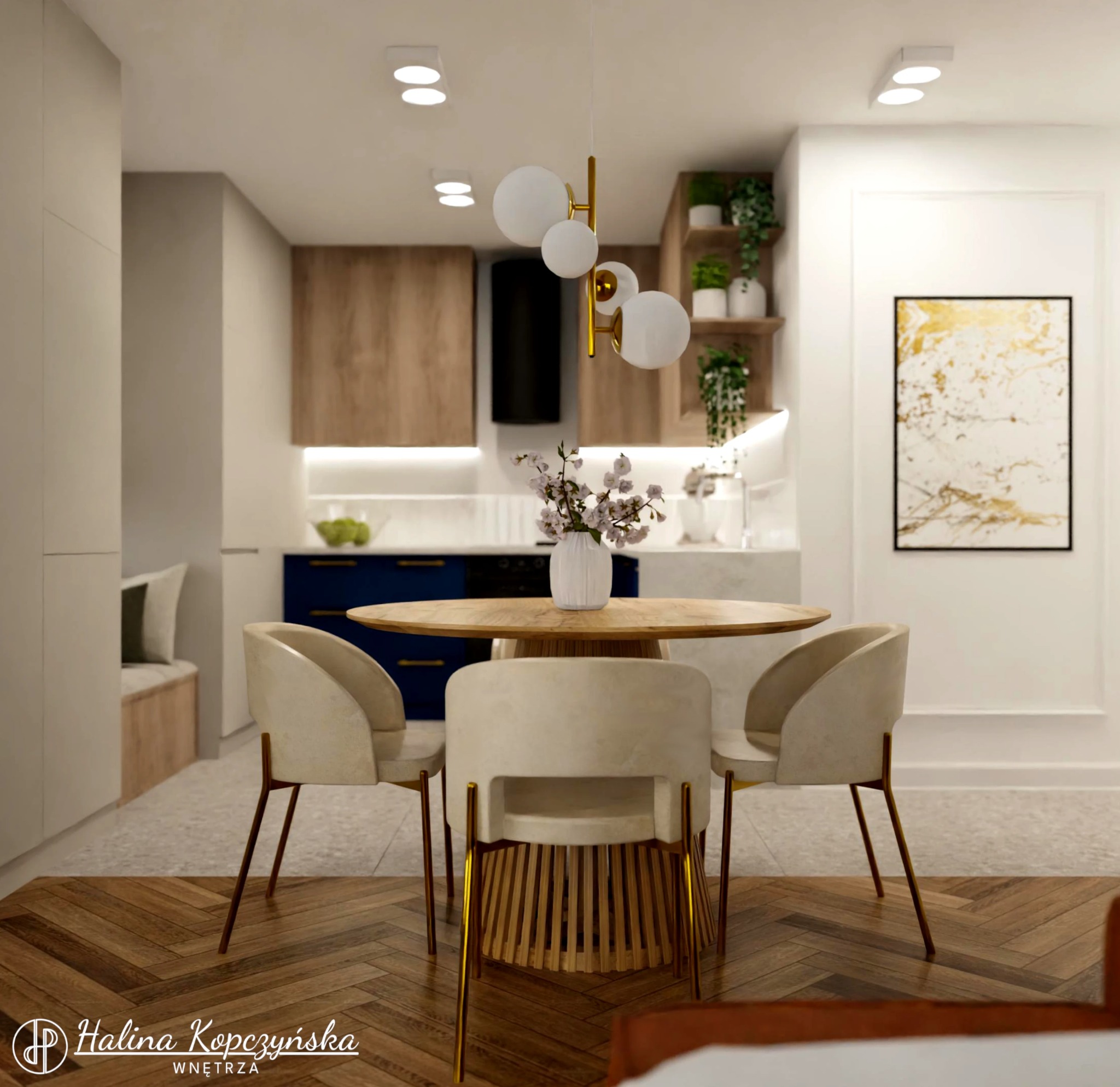 Wizualizacja jadalni z okrągłym drewnianym stołem, czterema krzesłami z beżową tapicerką i złotymi nogami, wiszącą lampą z białymi kulami, drewnianą podłogą w jodełkę oraz fragmentem otwartej...